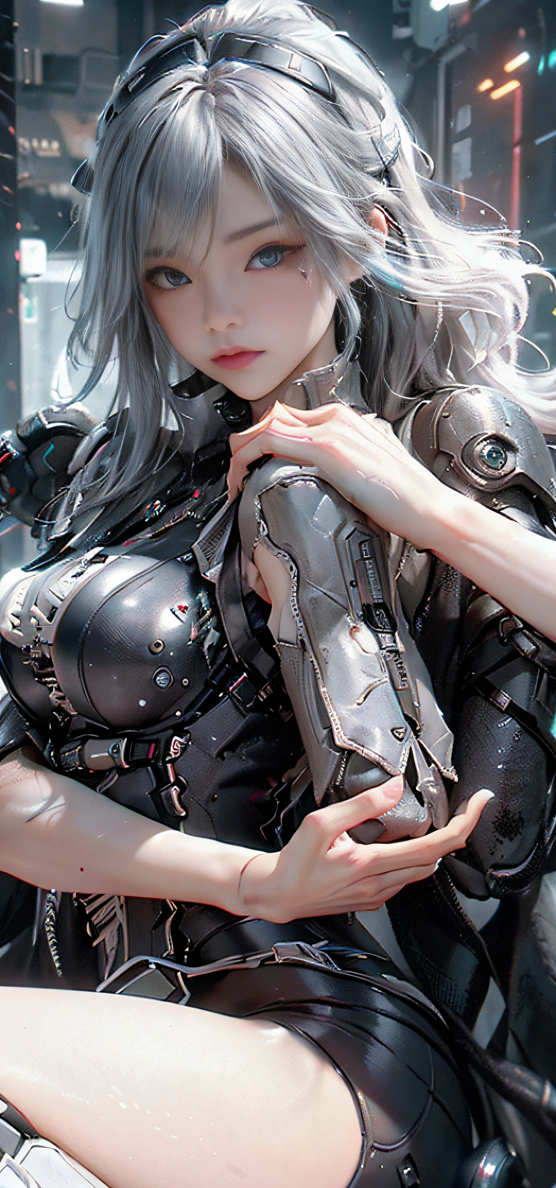 ((best qualtiy)), ((tmasterpiece)), (the detail:1.4), 。.。.。.。.。.。.。.。.。.。.。.。.。.。.。.。.。.。.。.。.。.3D, A beautiful cyberpunk female image,hdr（HighDynamicRange）,Ray traching,NVIDIA RTX,Hyper-Resolution,Unreal 5,Subsurface scattering、PBR Texture、post-proces、Anisotropy Filtering、depth of fields、maximum definition and sharpness、Many-Layer Textures、Albedo e mapas Speculares、Surface coloring、Accurate simulation of light-material interactions、perfectly proportions、rendering by octane、Two-colored light、largeaperture、Low ISO、White balance、the rule of thirds、8K raw data、Cyberpunk sci-fi style，Black and white main color clothing，Blue luminous decoration，Bigchest，Sexy black silk，Smooth thighs，huge tit，Black neck cover，High reflectiveness，kneels on the ground，Bare skin