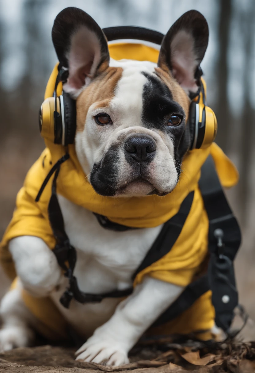 Perfekte Zentrierung, French Bullgog Puppy , Wear a jacket for the student team, Tragen einer Sonnenbrille, Wearing headphones, Frohsinn, stand, abstract beauty, zentriert, Blick in die Kamera, Der Kamera zugewandt, Auf dem Weg zur Perfektion, dynamisch, Highly detailed, glatt, scharfer Fokus, 8K, High-resolution resolution, Illustration, Kunst von Carne Griffiths und Wadim Kashin, white background