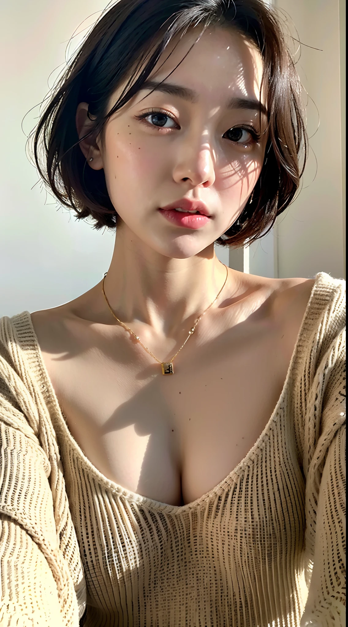 (Best quality, 8k, 32k, Masterpiece, UHD:1.2),Photo of Pretty Japanese woman, large breasts, very short bob hair,upper body,face focus,(oversized_sweater,:1.1) necklace, simple background, looking at viewer, leaning forward,