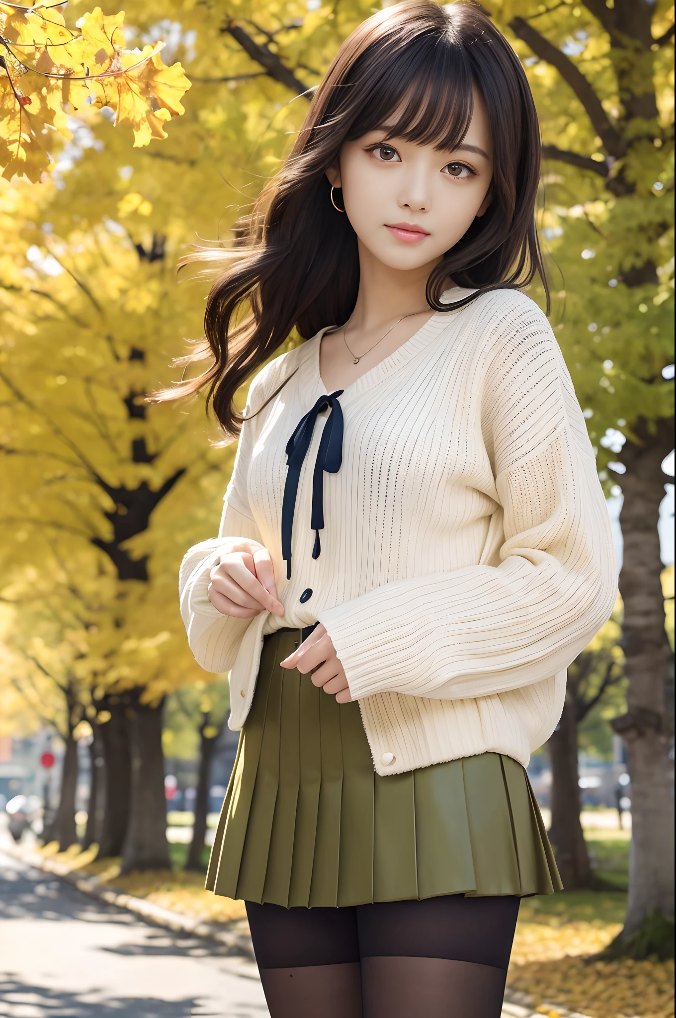 (Raw photo:1.2), (Photorealistic), Beautiful detailed girl, Very detailed eyes and face, Beautiful detailed eyes, Huge file size, High resolution, Very detailed, Best Quality, [masutepiece:1.6], Illustration, Very detailed, Fine detail, Best Quality, 8K Wallpaper, Movie Lighting, Japan's 18-year-old idol, Countless ginkgo trees around 
, tree-lined street, Countless yellow and green ginkgo leaves flutter, kawaii eyes, Long wavy black hair,  White sweater,  Brown pleated skirt, Red ribbons, Black boots, Slim Boti, Immature body, Young Face, Smaller chest,   Ginkgo Street Tree,Autumn landscape, Autumn sunny, Sardine cloud, bright expression