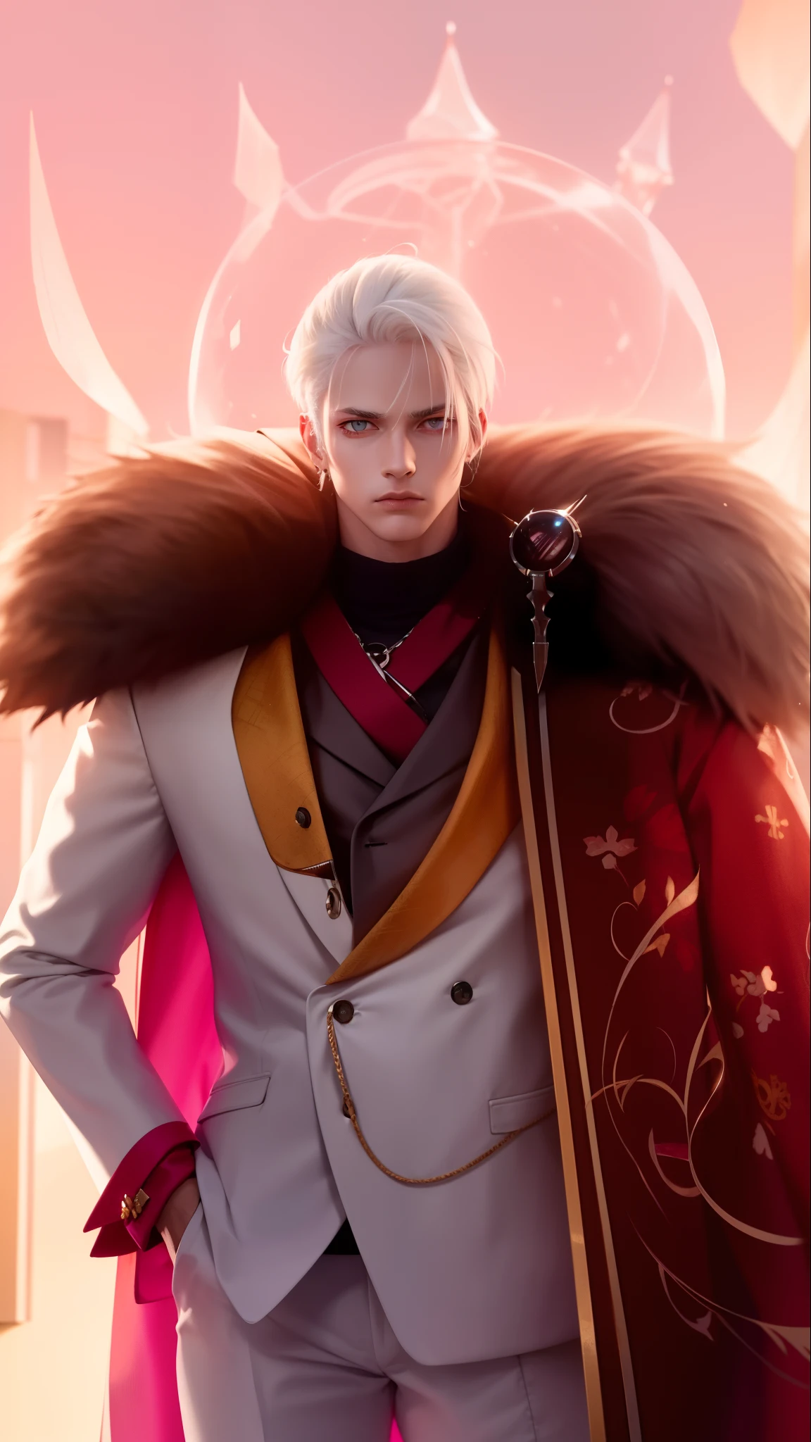 "Edgy dude with the badass attitude, light yellow eyes, white hair, short hair, white coat, white suit"