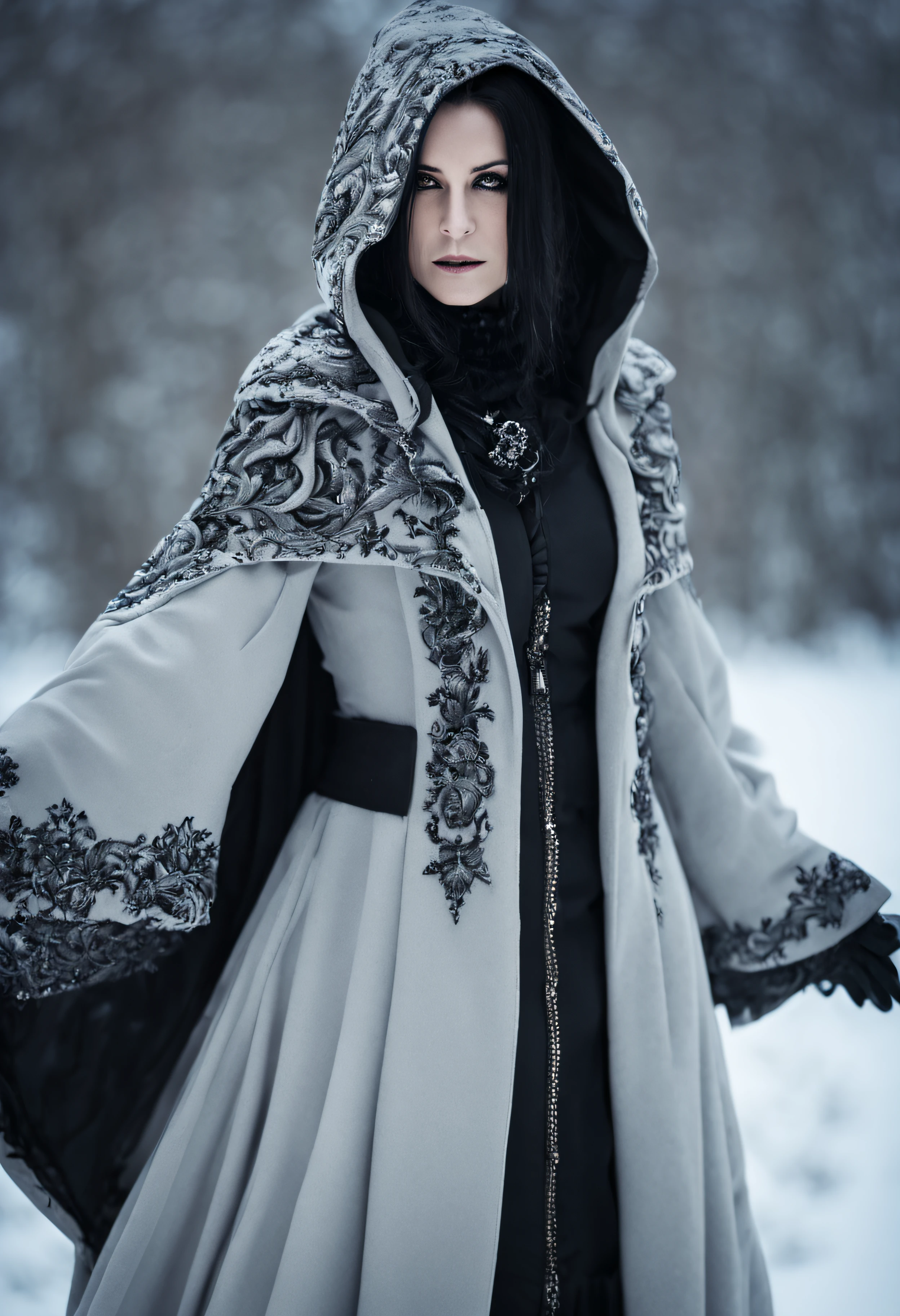on location, ((( blizzard, snow ))), bokeh, shallow depth of field, empty background, 47 year old woman, greying, very feminine, goth, Spanish, (( thigh-length hair )), heavy goth dress, heavy floor length coat with ((( hood ))), ornate:2 choker, small breasts, (( plus size ):0.2), ((rectangle)) body shape