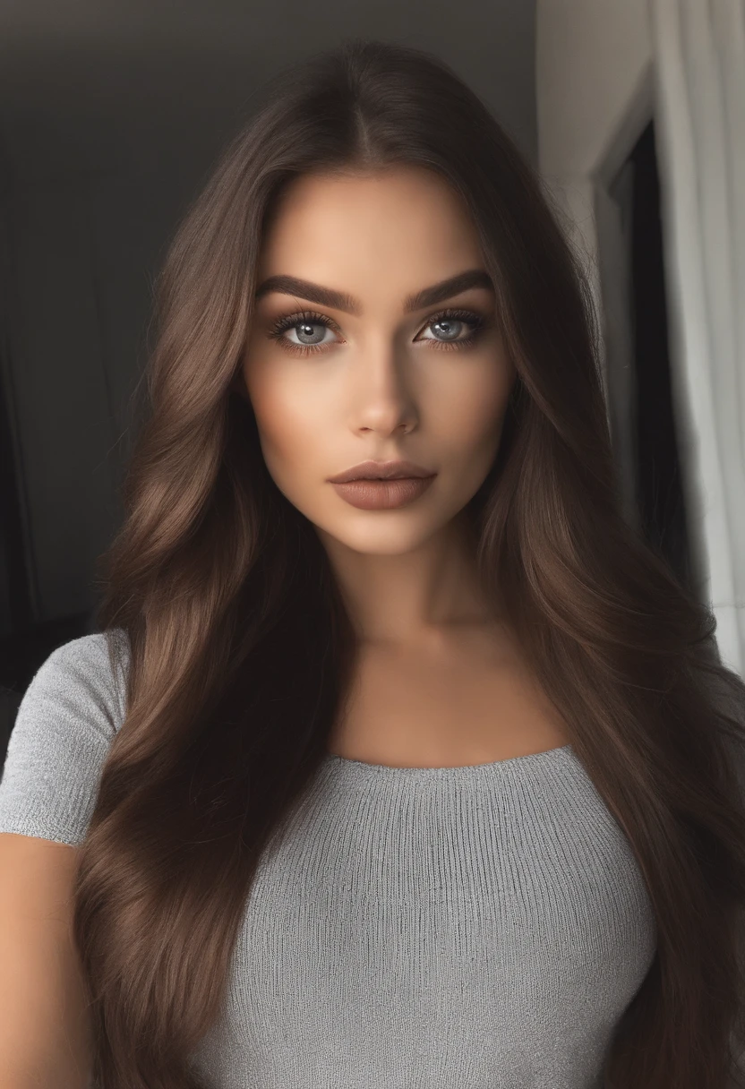 Arafed woman with black clothes, fille sexy aux yeux bruns, Portrait Sophie Mudd, cheveux bruns et grands yeux, selfie of a young woman, Yeux de chambre, Violet Myers, sans maquillage, maquillage naturel, looking straight at camera, Visage avec Artgram, Maquillage subtil, Superbe photo du corps entier, dans la chambre, clivage