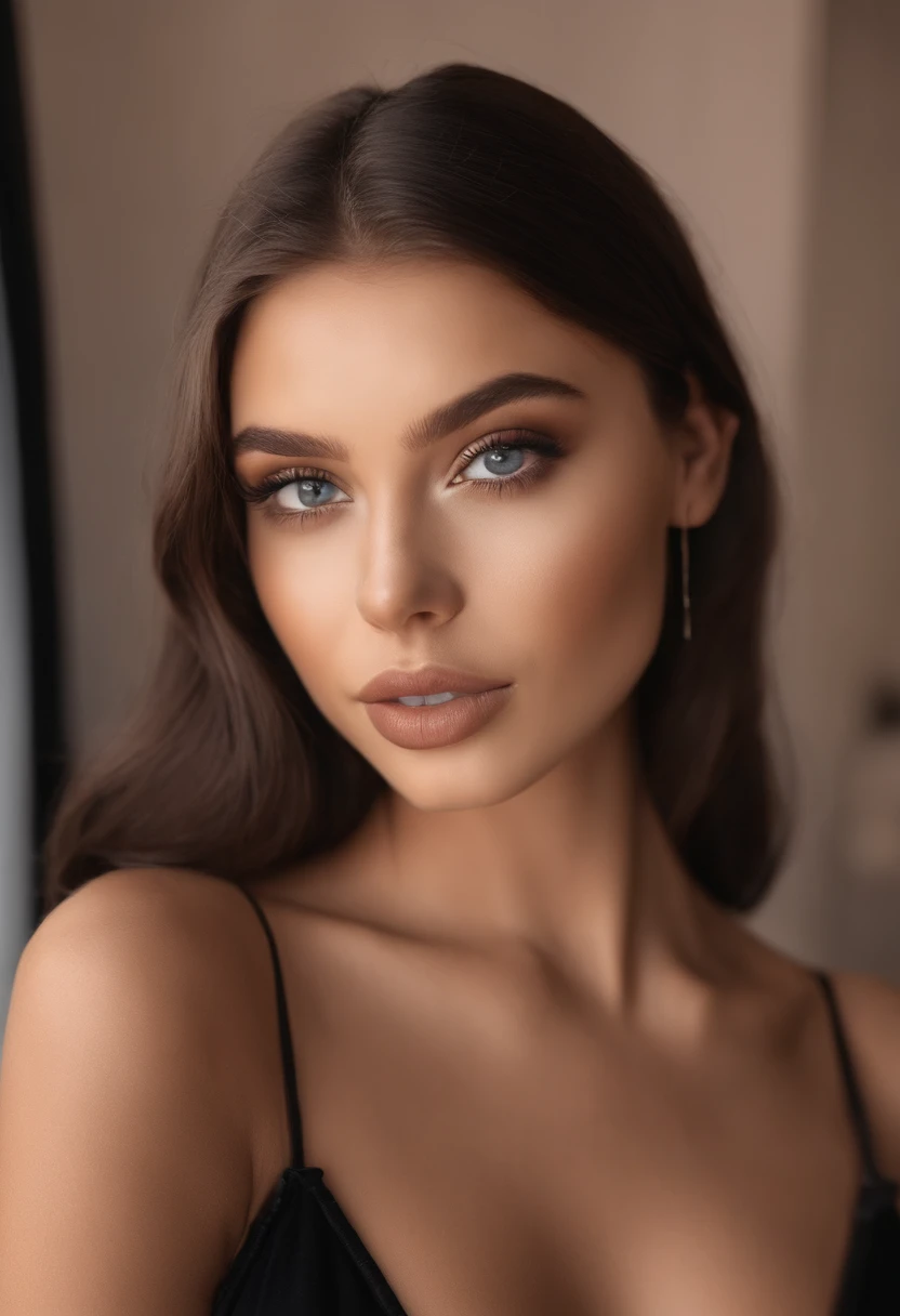 Arafed woman with black clothes, fille sexy aux yeux bruns, Portrait Sophie Mudd, cheveux bruns et grands yeux, selfie of a young woman, Yeux de chambre, Violet Myers, sans maquillage, maquillage naturel, looking straight at camera, Visage avec Artgram, Maquillage subtil, Superbe photo du corps entier, dans la chambre, clivage