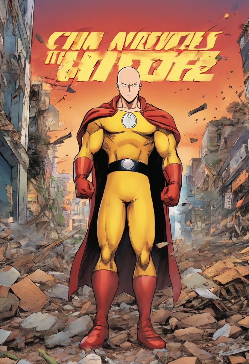 Saitama, the world's strongest hero, looks unimpressed as he stands in the middle of a city that has been completely destroyed