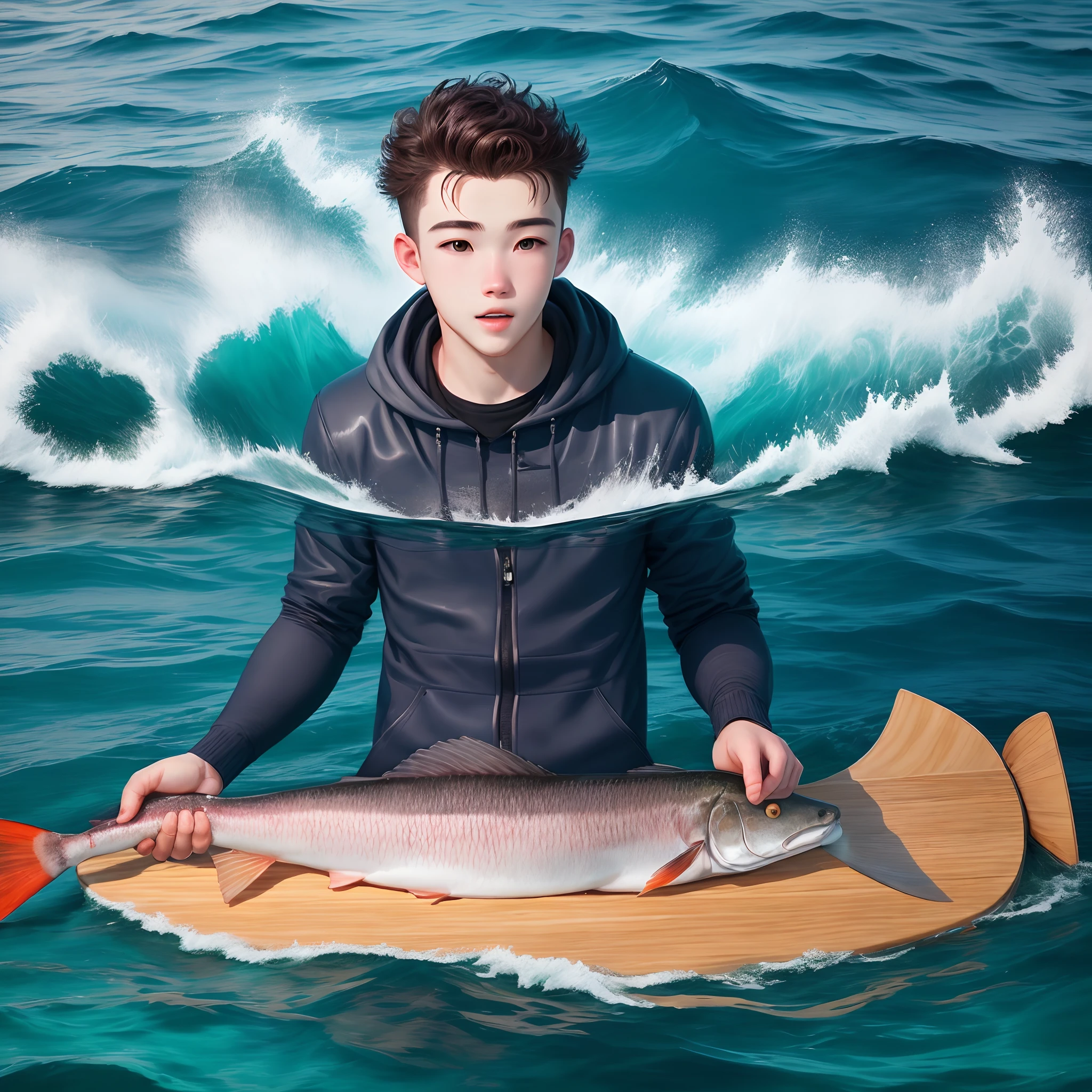 A beautiful board in the middle of the sea with a beautiful boy fishing