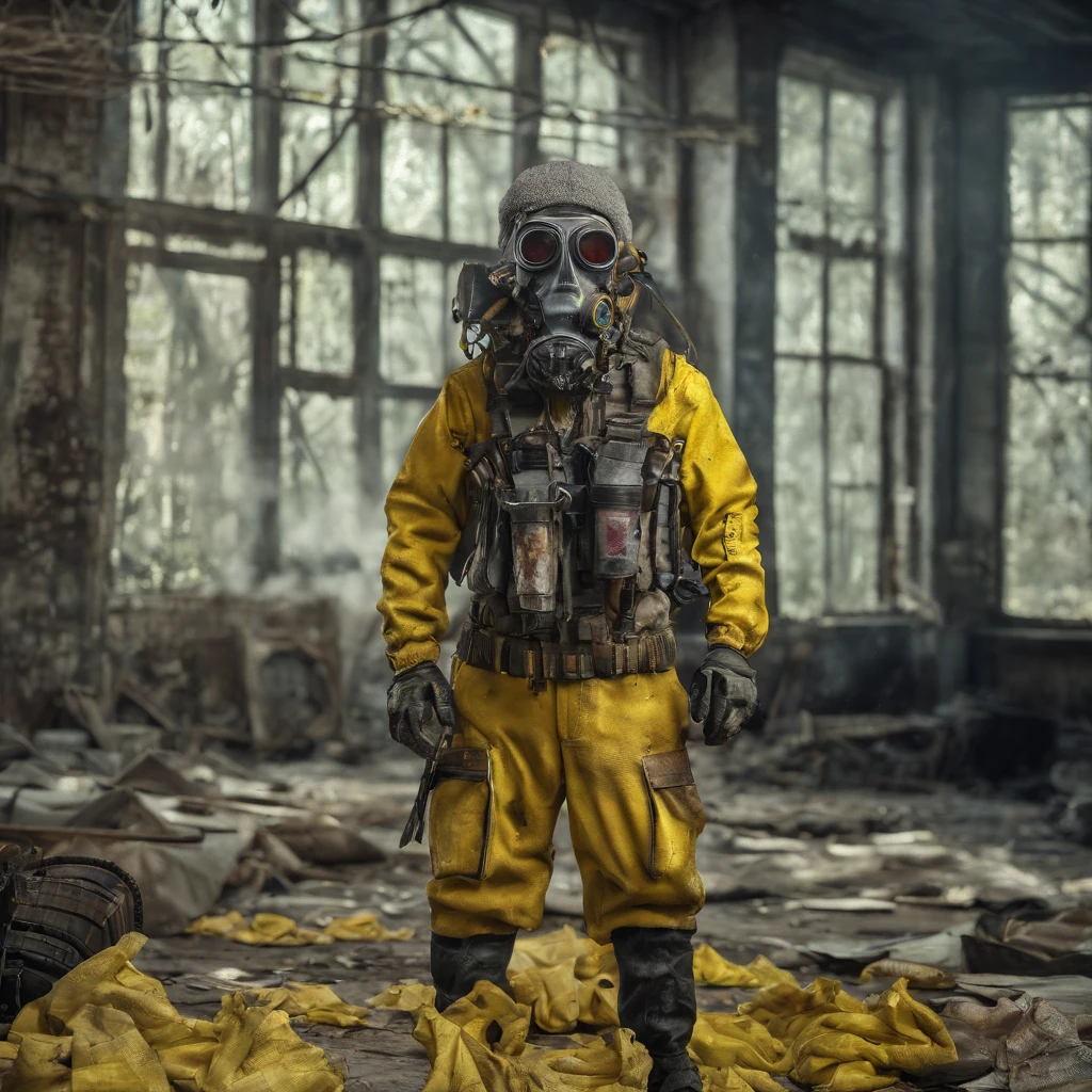 tchernobyl, photoreallistic, post apocalypse, homme en tenue NBC (jaune), dreadlocks, Pripyat, URSS, Contaminated area