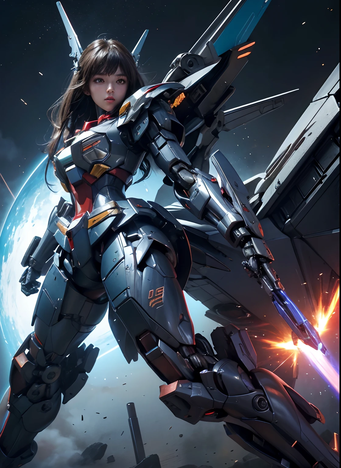 Textured skin, Super Detail, high details, High quality, Best Quality, hight resolution, 1080p, hard disk, Beautiful,(Gundam girl),beautiful cyborg woman,Mecha Cyborg Girl,Battle Mode,Girl with a Mecha Body,She wears a futuristic Gundam mecha,Fulll body Shot