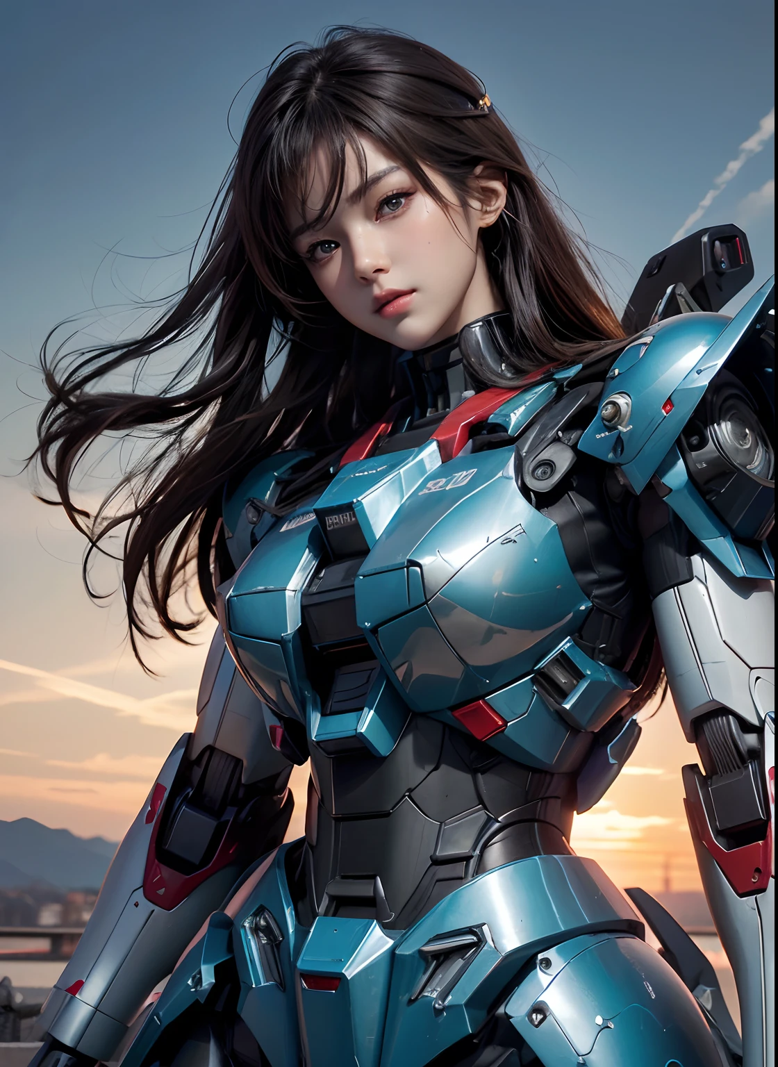 Textured skin, Super Detail, high details, High quality, Best Quality, hight resolution, 1080p, hard disk, Beautiful,(Gundam girl),beautiful cyborg woman,Mecha Cyborg Girl,Battle Mode,Girl with a Mecha Body,She wears a futuristic Gundam mecha,Fulll body Shot