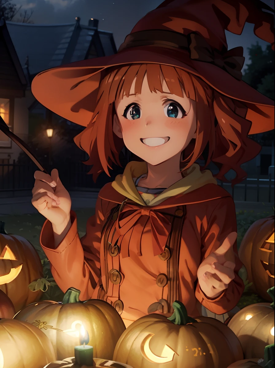 Takatsuki Yayoi、idolmaster、Halloween、witch's hat、Pumpkin skirt、doress、A big smile、Powerful poses