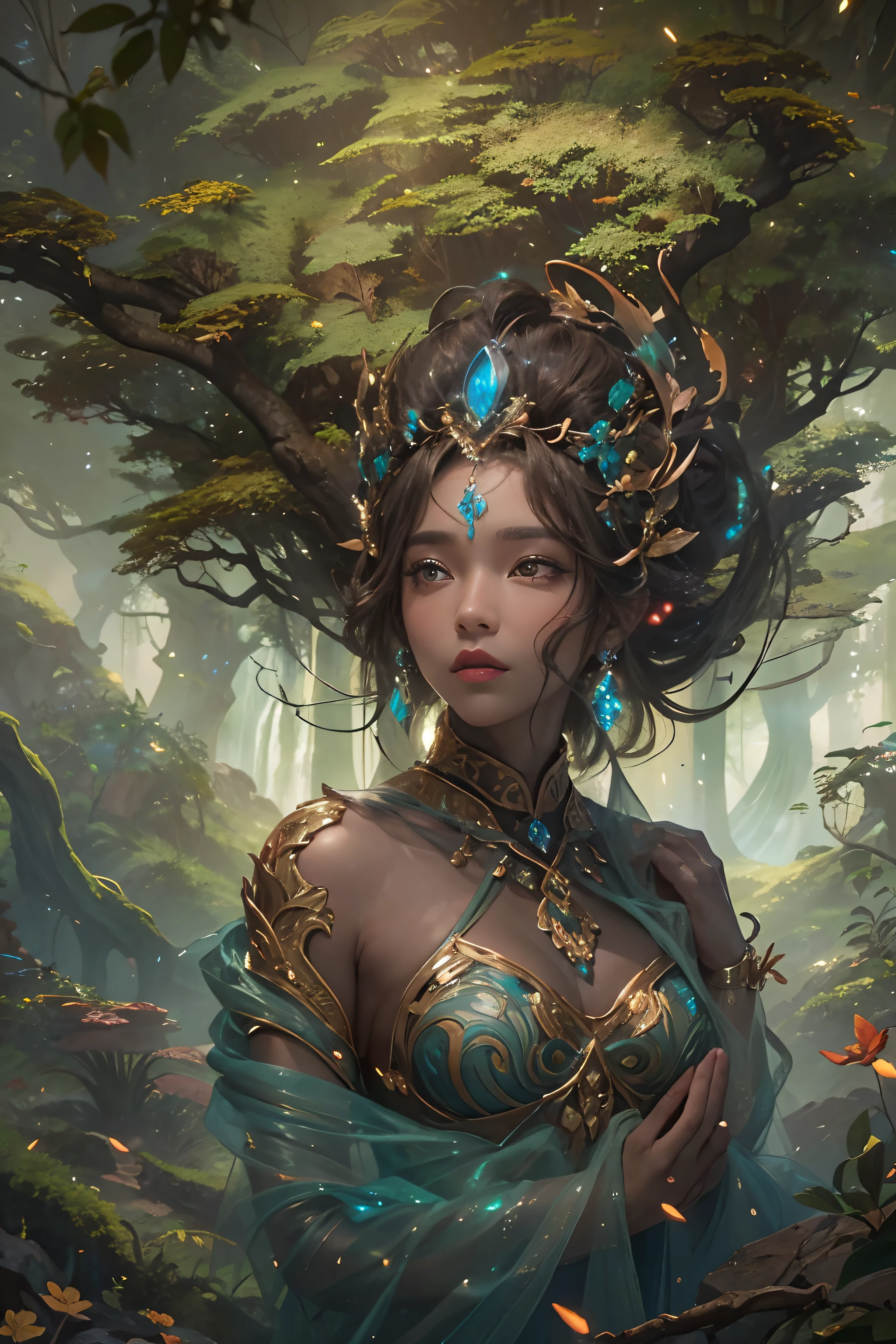 "(official art: 1.2), 8K UHD detail, Earth goddess standing firm on a rotating planet. Her skin carries ancient rock and fertile soil textures. Hair flows like rivers intertwined with roots and blossoms. (Eyes, deep brown, shimmer with a bioluminescent glow: 1.7) , reflecting the world's mysteries. Cloaked in a gown of forests and deserts, her presence causes nature to flourish. Elements like waterfalls and volcanoes artistically blend into her, symbolizing her guardianship over nature."