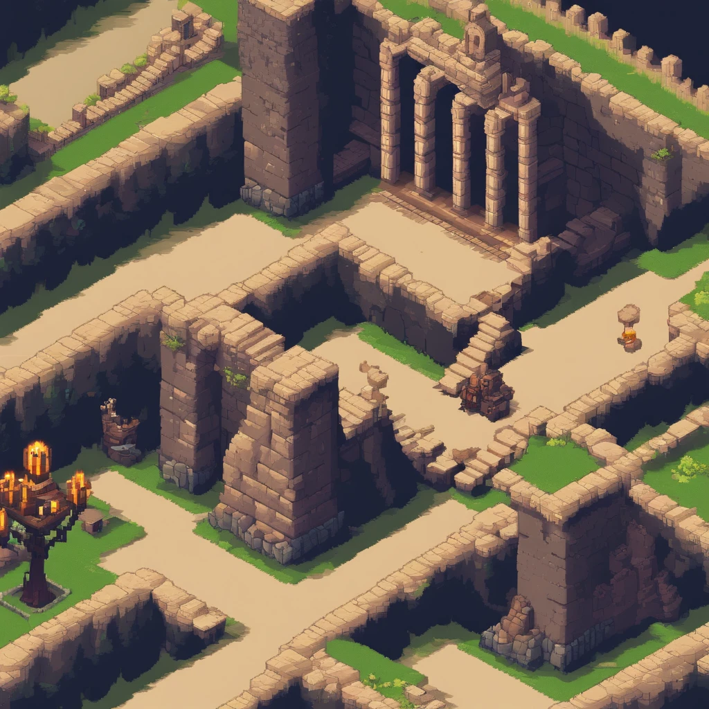 Pixel art 2d side scrolling game underground dungeon, dark light, ancient ruins with magic sign on stone blocks, walls with stone and rocks. 3d pixel art . Incredible pixel art details. Pixel art. Steam waves. Detailed unreal engine pixel art