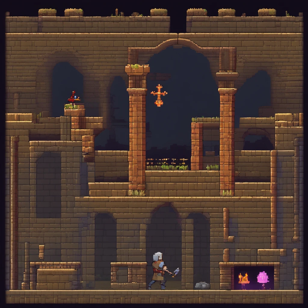 Pixel art 2d side scrolling game underground dungeon, dark light, ancient ruins with magic sign on stone blocks, walls with stone and rocks. 3d pixel art . Incredible pixel art details. Pixel art. Steam waves. Detailed unreal engine pixel art