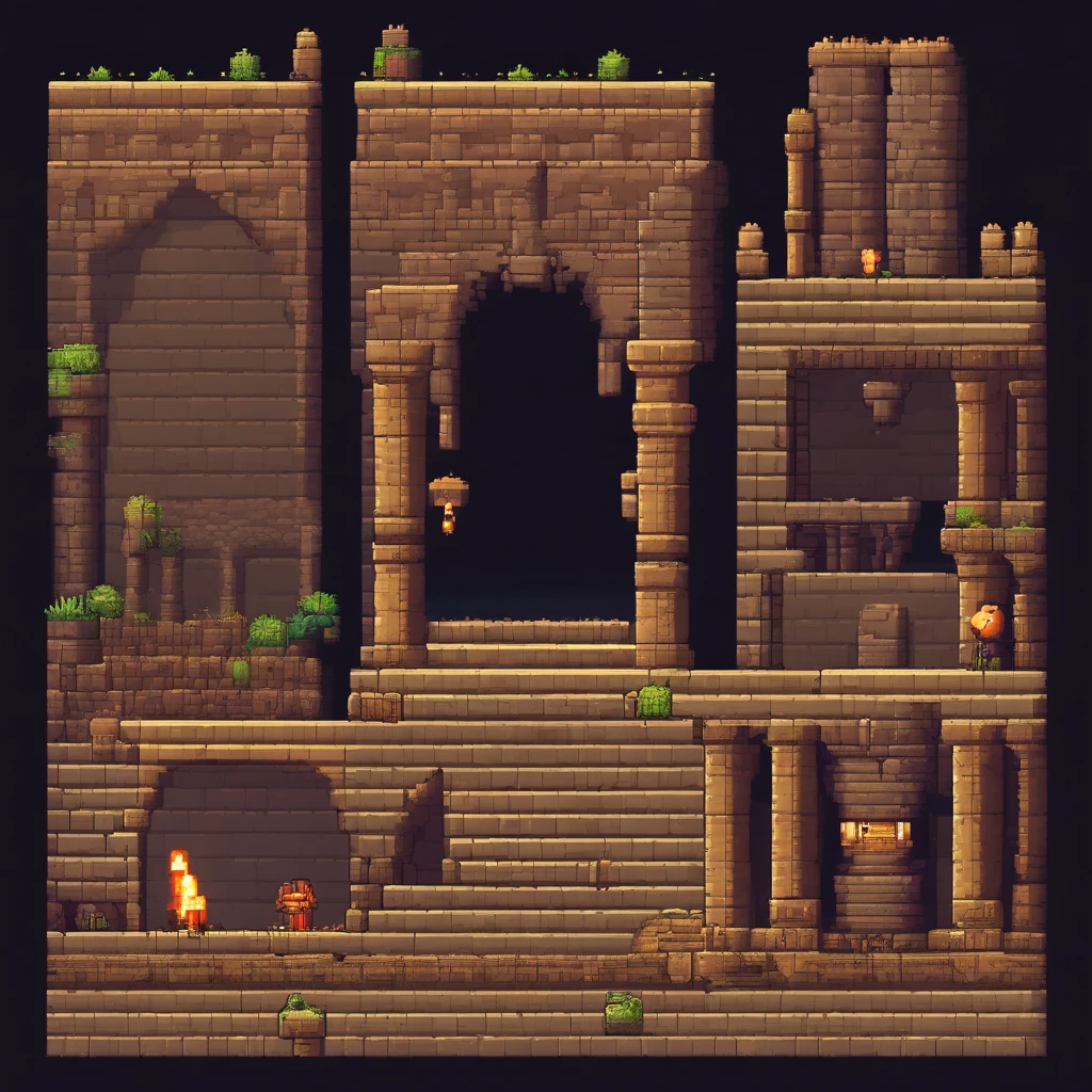 Pixel art 2d side scrolling game underground dungeon, dark light, ancient ruins with magic sign on stone blocks, walls with stone and rocks. 3d pixel art . Incredible pixel art details. Pixel art. Steam waves. Detailed unreal engine pixel art