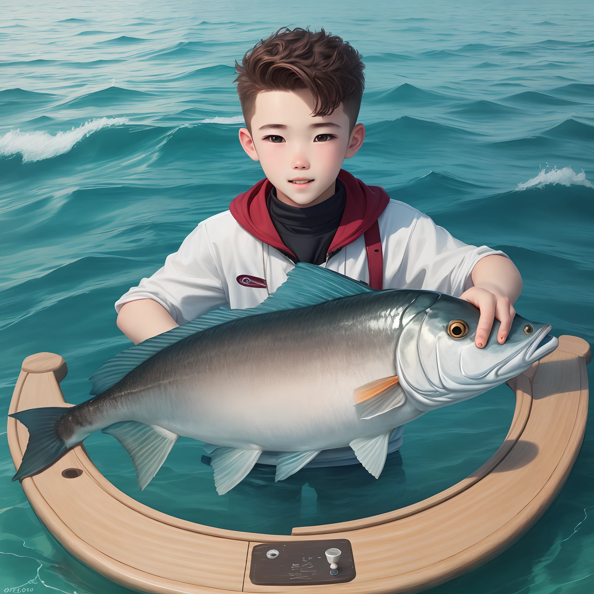 A beautiful board in the middle of the sea with a beautiful boy fishing