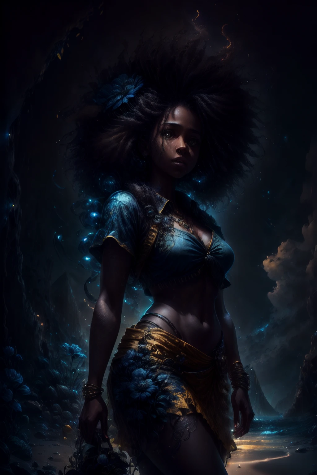 Ultra-realistic, 4k, professional photo, 22 year old girl, black girl, big curly hair, HDR, detailed face, medium body, yellow skirt with flower, (open blue shirt), Masterpiece, (lighting), (1solo), beach background, realistic background, realistic photo