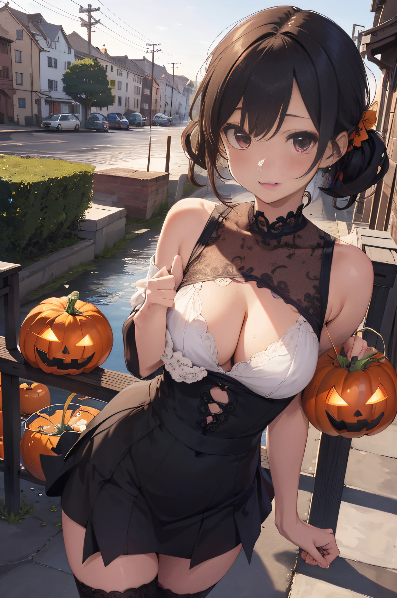 (masutepiece, Absurd quality, of the highest quality, Official art, Beautiful and aesthetic: 1.2), (One Woman: 1.4), Highly detailed, (Fractal Art: 1.3), lean forward and lift the skirt, Miniskirt, cleavage, Halloween、Halloween Venues、Detailed landscapes、Landscape Writing、Halloween costumes、 Cute illustration, Absurd solution, Ultra-detailed, Best Quality,