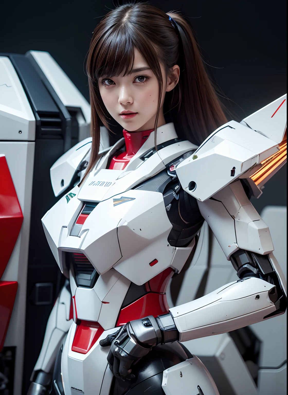 Textured skin, Super Detail, high details, High quality, Best Quality, hight resolution, 1080p, hard disk, Beautiful,(Gundam girl),beautiful cyborg woman,Mecha Cyborg Girl,Battle Mode,Girl with a Mecha Body,She wears a futuristic Gundam mecha,Fulll body Shot