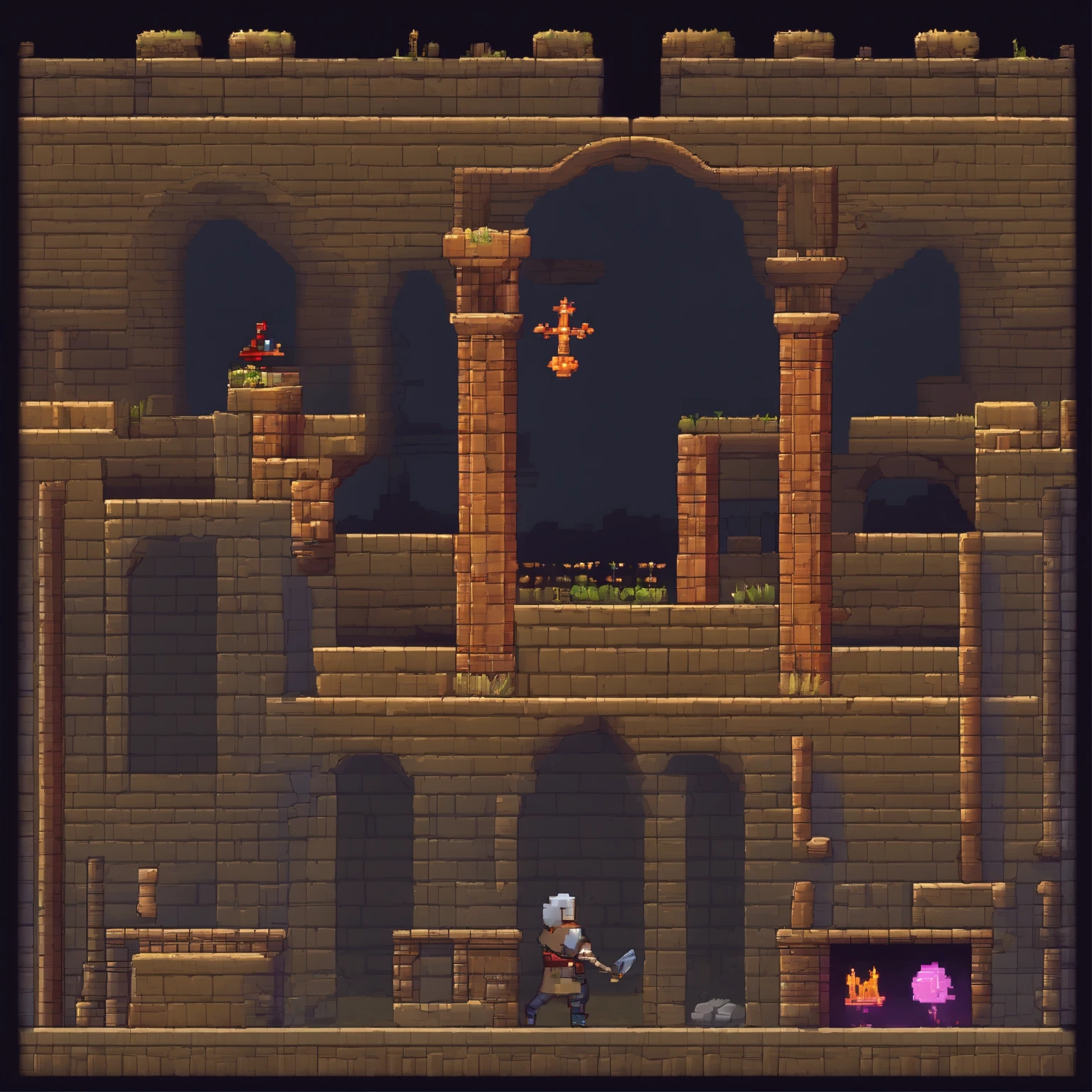 Pixel art 2d side scrolling game underground dungeon, dark light, ancient ruins with magic sign on stone blocks, walls with stone and rocks.  3d pixel art . Incredible pixel art details. Pixel art. Steam waves. Detailed unreal engine pixel art