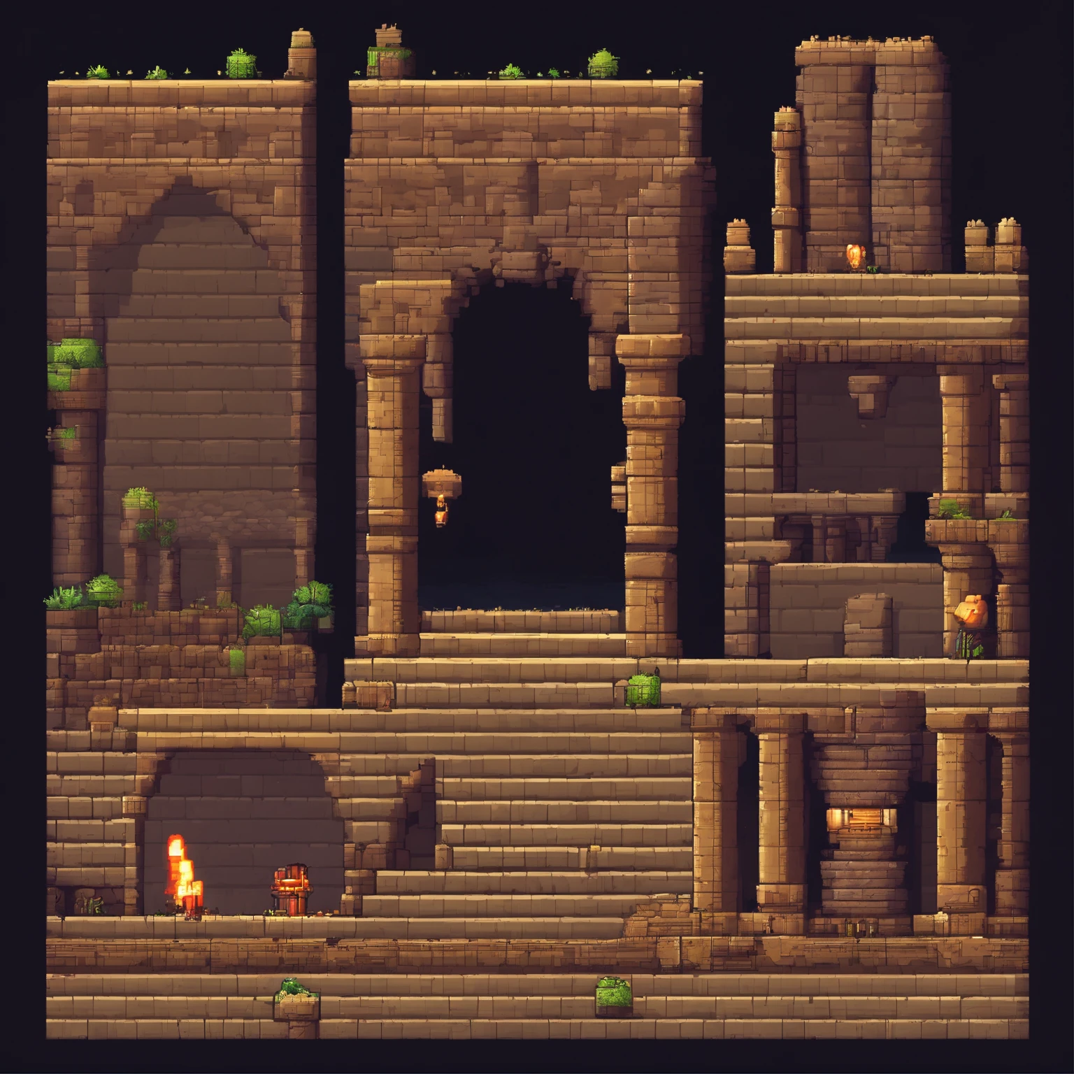 Pixel art 2d side scrolling game underground dungeon, dark light, ancient ruins with magic sign on stone blocks, walls with stone and rocks.  3d pixel art . Incredible pixel art details. Pixel art. Steam waves. Detailed unreal engine pixel art