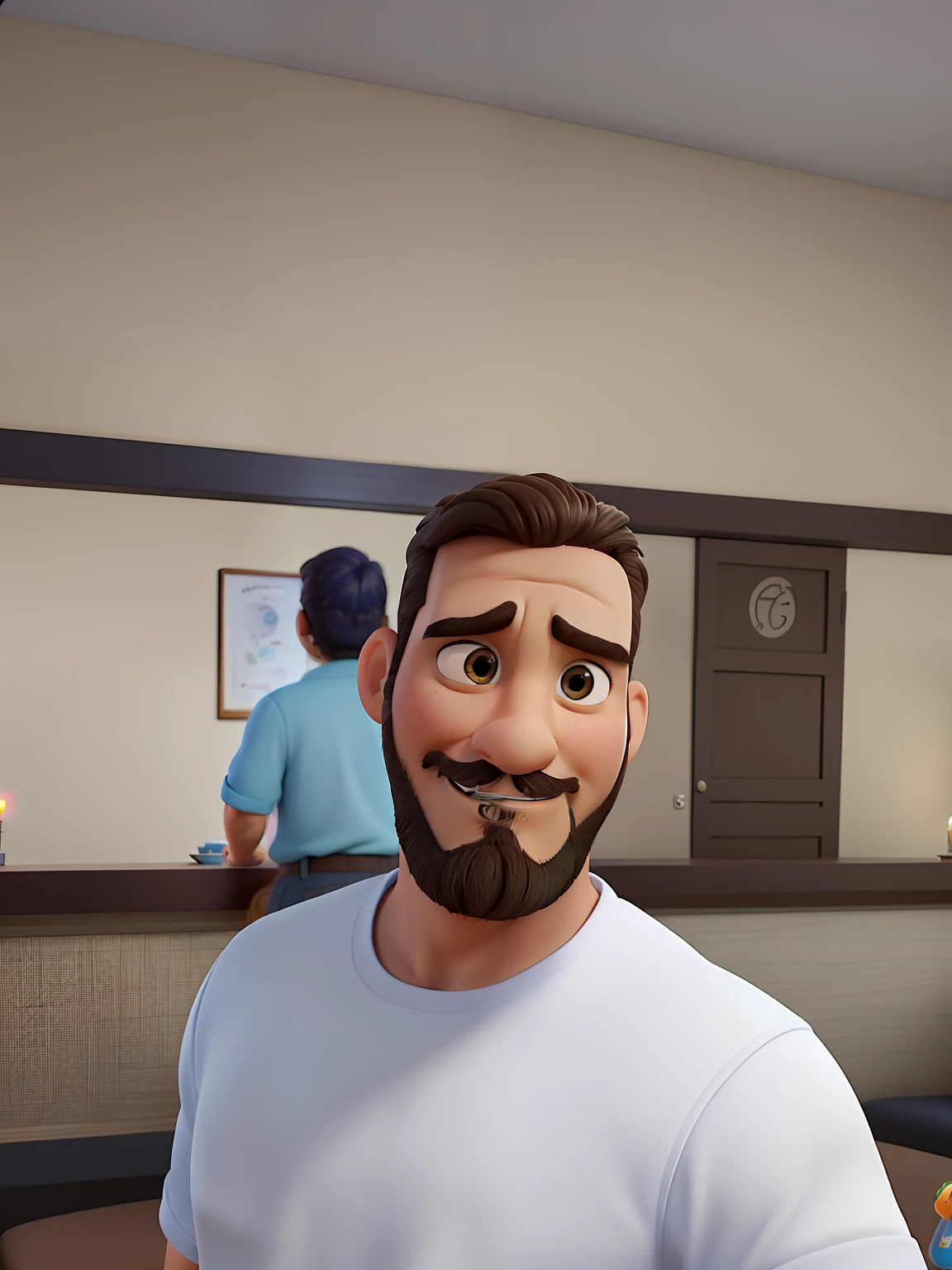 Poster no estilo Disney pixar, alta qualidade, melhor qualidade, homem sexy moreno, 40 anos cabelo grisalho barba preta, musculoso, com fundo em um restaurante a luz de velas