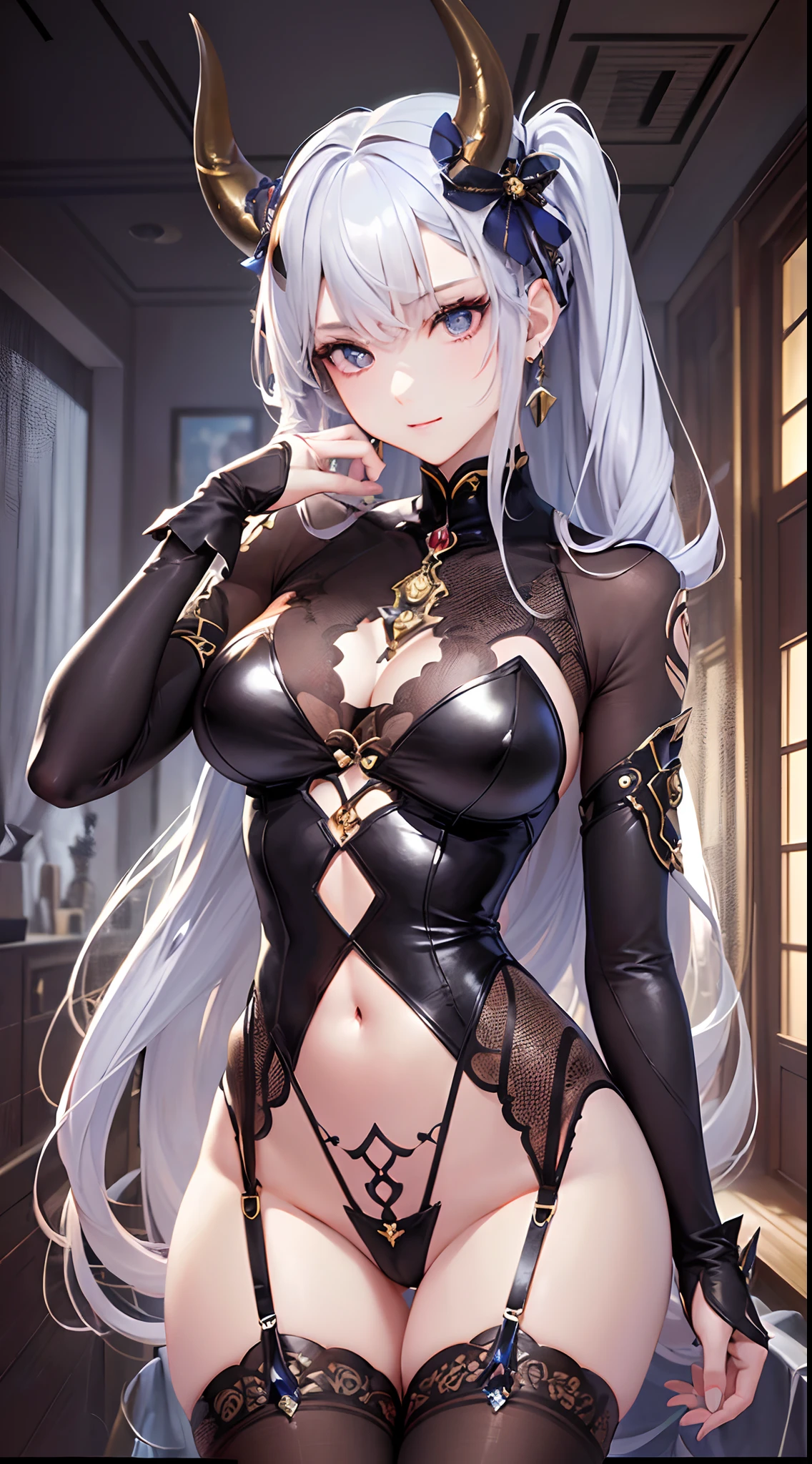 1girl in,Shiranui, ((Finest quality)),(超A high resolution),(ultra-detailliert),(Meticulous portrayal),((best pictures)),(Finest works of art),Ultra-Precision Art,The art of astounding depiction, (1人の女性:1.5),2 horns,Slim body:1.8,makeup,