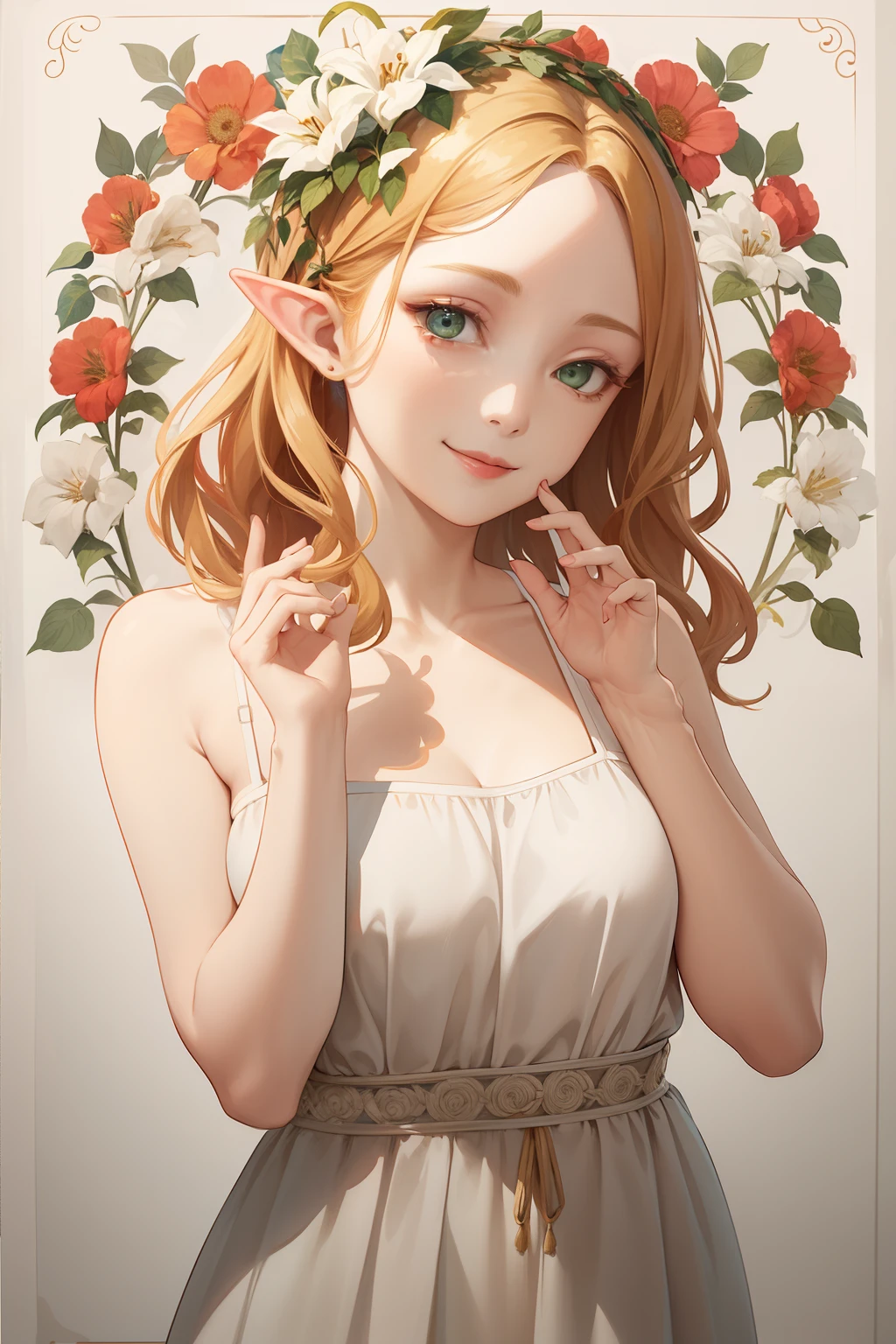 Detailed, Intricate Details, 4K,SFW,masutepiece, Best Quality, High resolution, 1girl in, upper body, Details Girl, detail hands, Detail fingers, Detail Face, detail legs, 1girl in, elf, watercolor paiting, pale skin, Petite, Blonde hair, Long hair, Wavy Hair, Green eyes, tareme, medium breasts, white sundress, Bare back,flower wall panel background,looking at viewer,[[tears]],smile