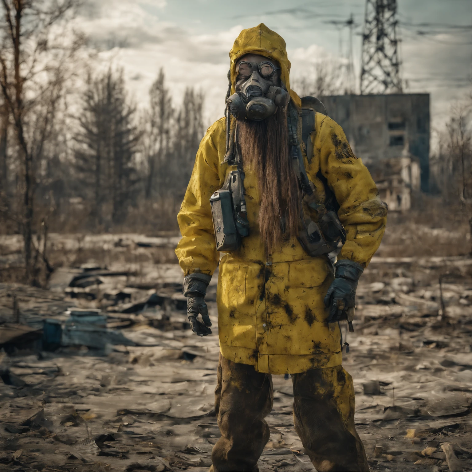 tchernobyl, photoreallistic, post apocalypse, homme en tenue NBC (jaune), dreadlocks, Pripyat, URSS, Contaminated area, highly detailed, 4k, paysage,