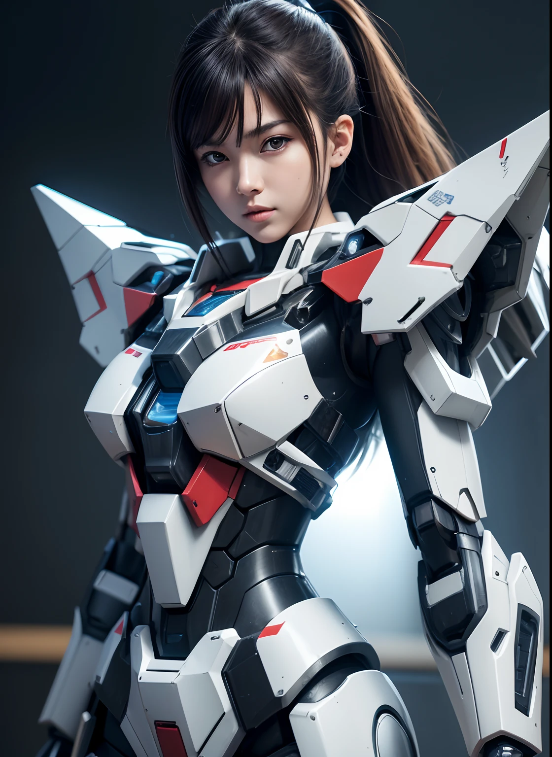 Textured skin, Super Detail, high details, High quality, Best Quality, hight resolution, 1080p, hard disk, Beautiful,(Gundam),Beautiful Smile,beautiful cyborg woman,Mecha Cyborg Girl,Battle Mode,Girl with a Mecha Body,She wears a futuristic Gundam mecha,Fulll body Shot