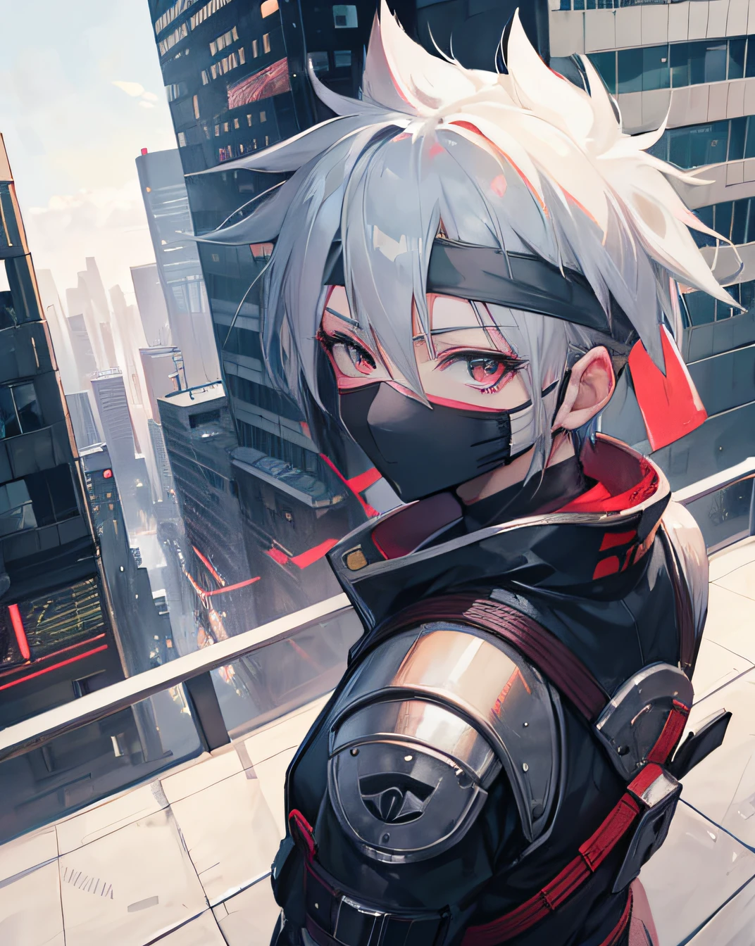 kakashi, smile, HD, high res, looking at viewer, high quality, city