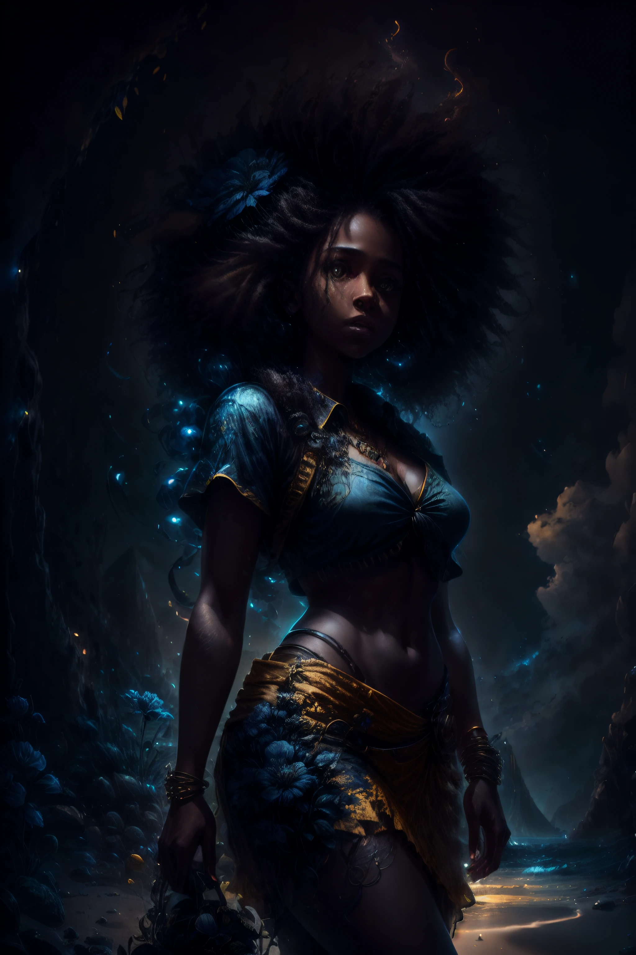 Ultra-realistic, 4k, professional photo, 22 year old girl, black girl, big curly hair, HDR, detailed face, medium body, yellow skirt with flower, (open blue shirt), Masterpiece, (lighting), (1solo), beach background, realistic background, realistic photo