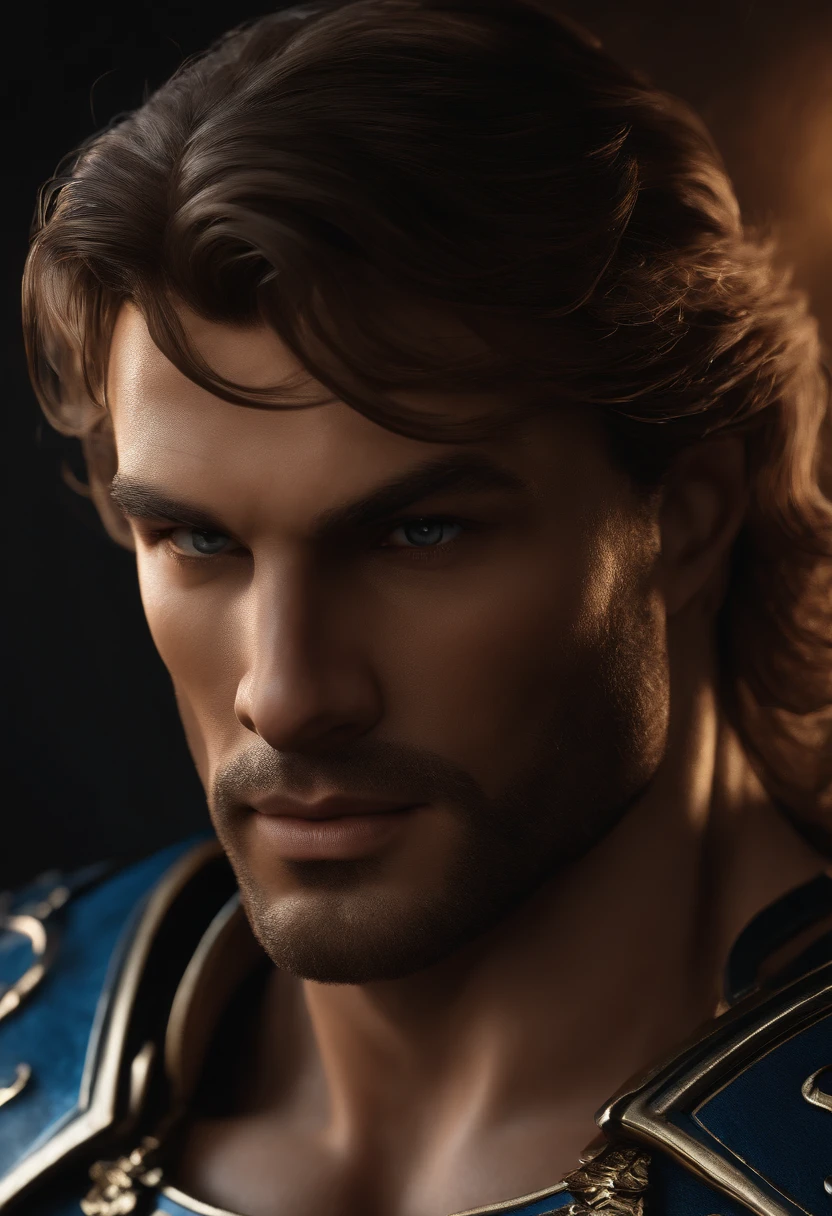 Poseidon, looking directly into the camera with trident weapon in hand, light brown hair, lightly tanned skin, realistic ultra-detailed, muscular physic, sharp focus, square jaw, best quality, realistic detailed hair texture, realistic skin texture, sharp focus, front view, full body shot, dark blue light armor, high contrast, strong backlighting, action film dark color lut, cinematic luts,(ultra-realistic)masculine face, wrinkles, majestic.