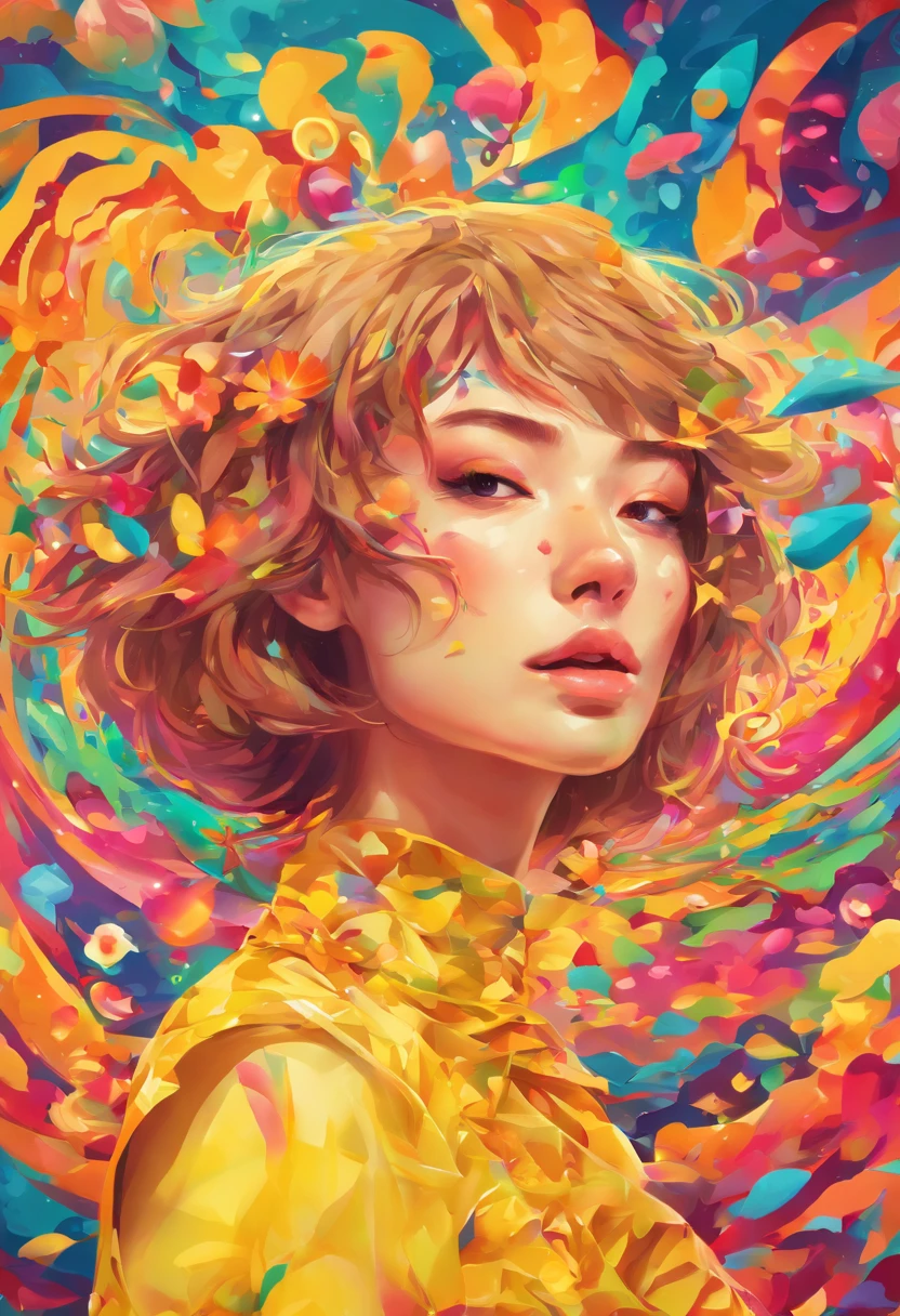 ((top-quality, 8K)), (Realistic), (Face Focus: 1.1), (amarelo: 1.3), Kawaii Girl, short-hair, 
Hair fluttering in the wind, Facing to the side, Look up at your face, Eyes closed, (Sleeveless: 1.1)、Skirt, D Cup Breasts,Countless petals are falling