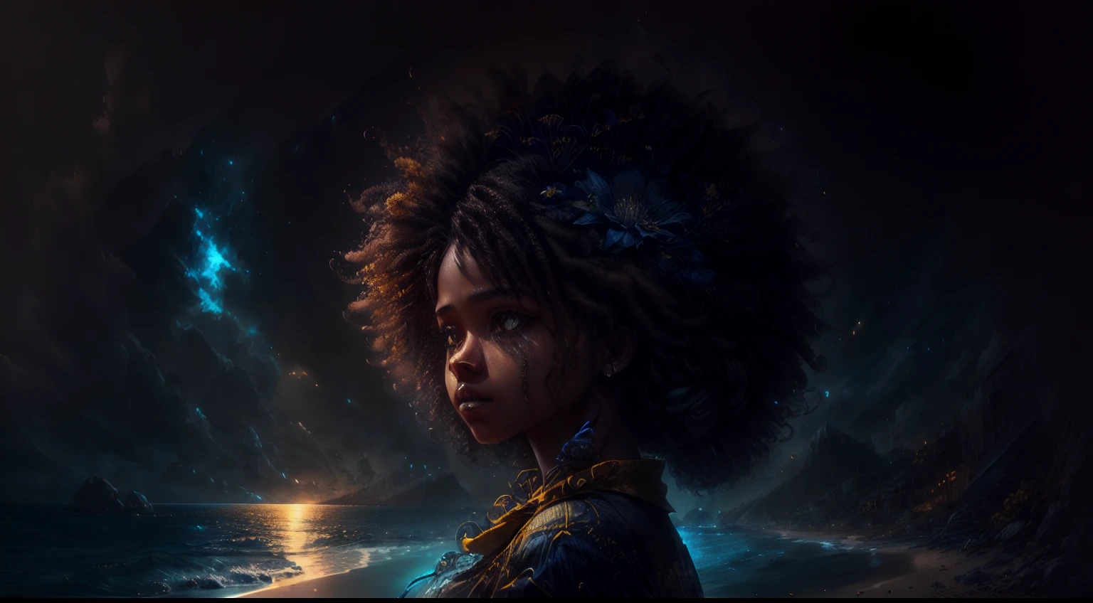 Ultra-realistic, 4k, professional photo, 22 year old girl, black girl, big curly hair, HDR, detailed face, medium body, yellow skirt with flower, (open blue shirt), Masterpiece, (lighting), (1solo), beach background, realistic background, realistic photo
