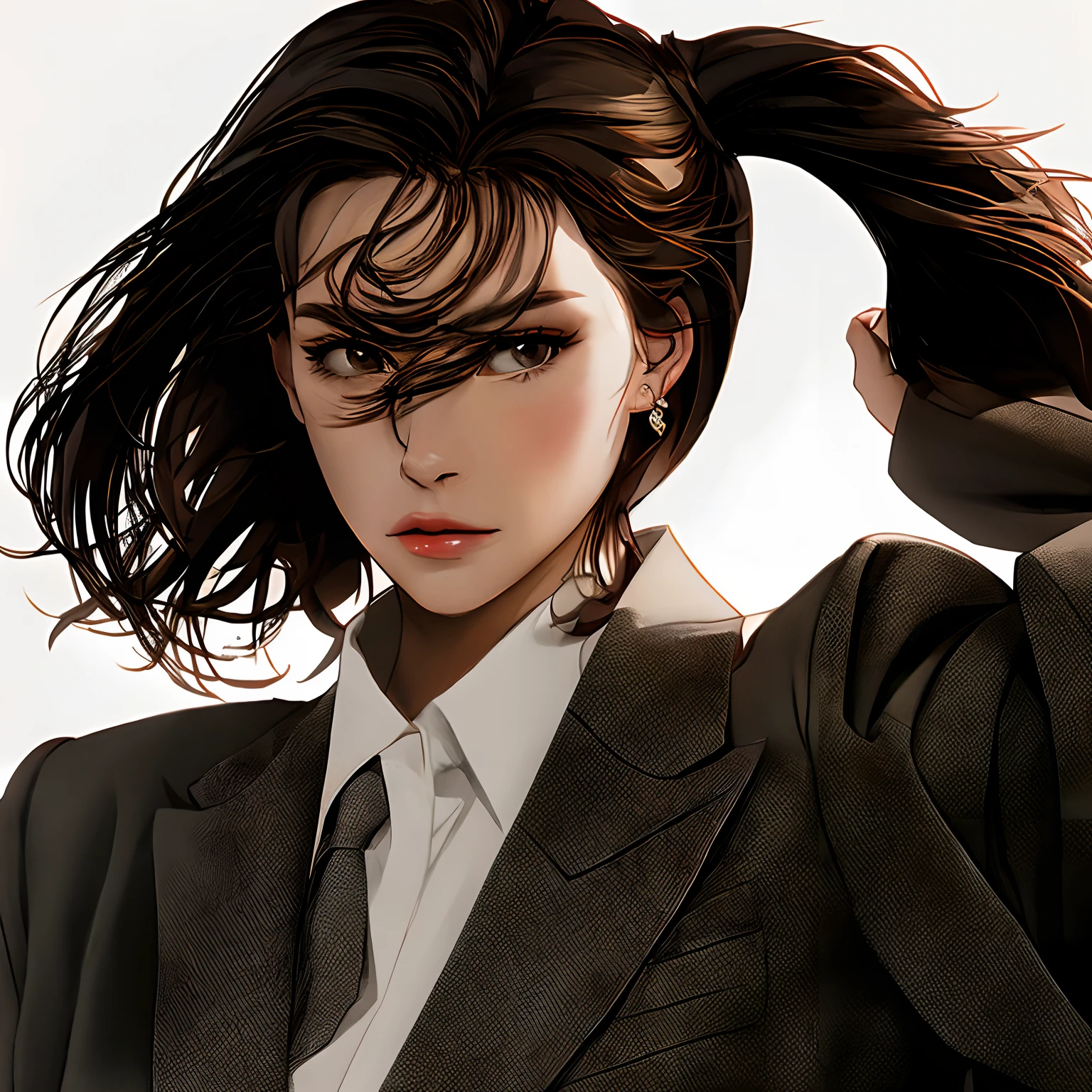 wearing a business suit、Troubled face、Elegance