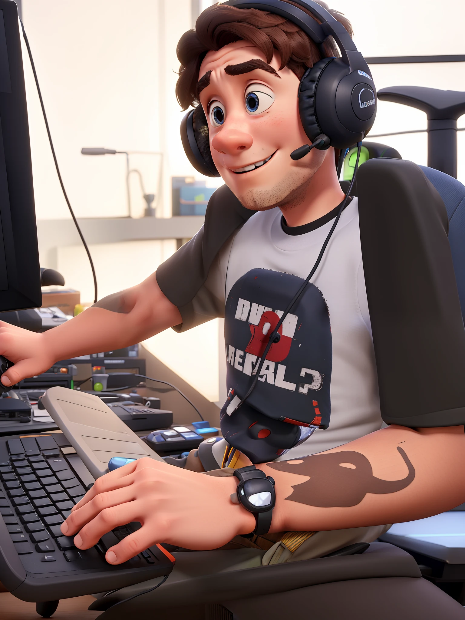 Boy using computer, gamer, using headset, pixar style, best quality, high quality