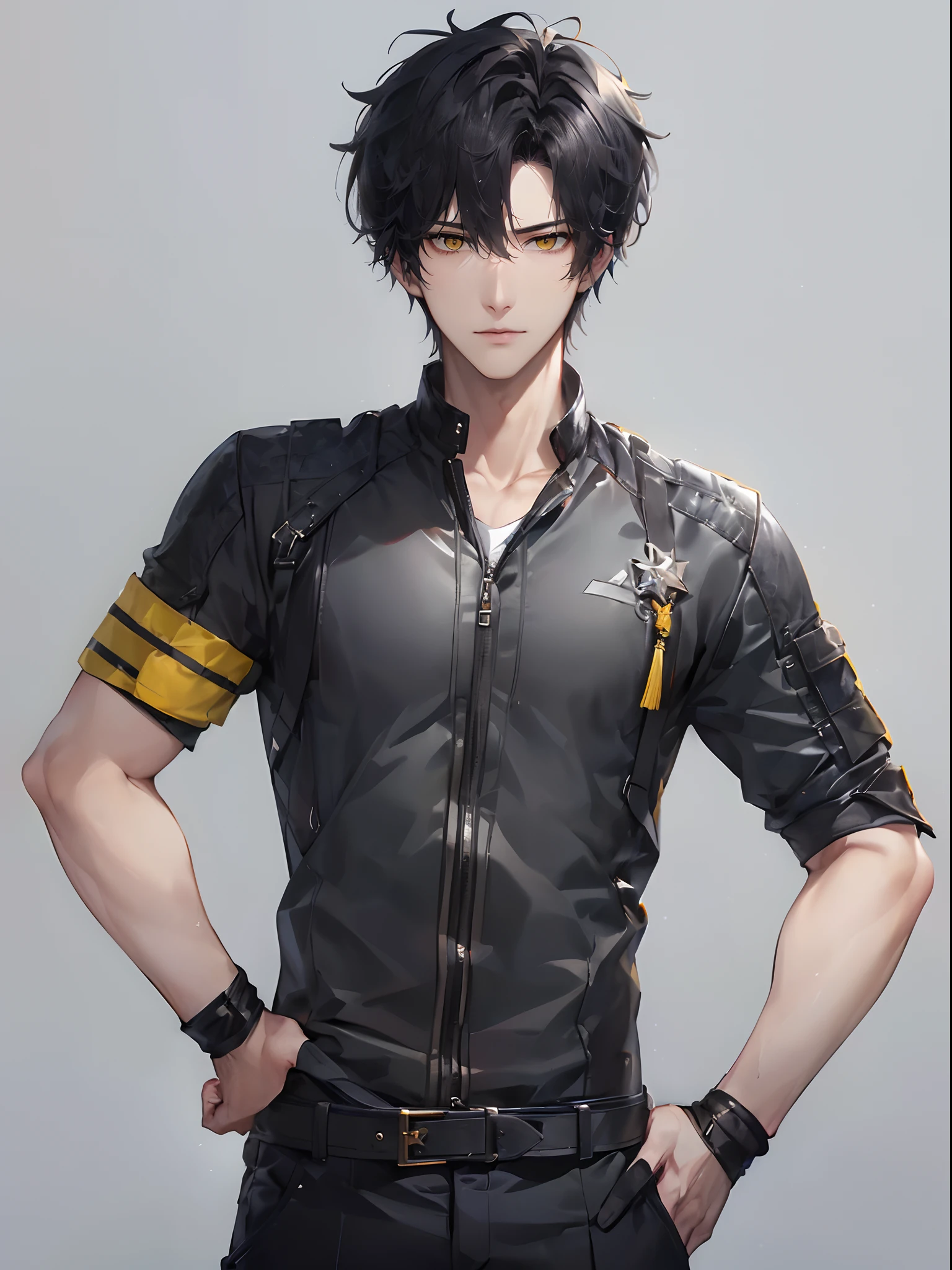 (4K works))、masterpiece、(top-quality)、((Cool gray background))、Taking Artist Photos、Model photo、Korean Male、Adult male、((Adult 26 years old))、((Adult older brother))、((Face similar to Hyun Jin))、Cool Men、tall、((Troubled expression))、((Strong eyes))、((Fashion like a model))、((Long sleeve long trouser style))、((smaller face))、Slim body、((hooligan))、((Black short-haired))、((Yellow eyes))、((shot from front))、((Pose with hands on the head))、((Artist Photos))、((Shot alone))、((Solo Photography))、Professional Photos、((Focus zoom in))、((Upper body photography))、((Face enhancement))