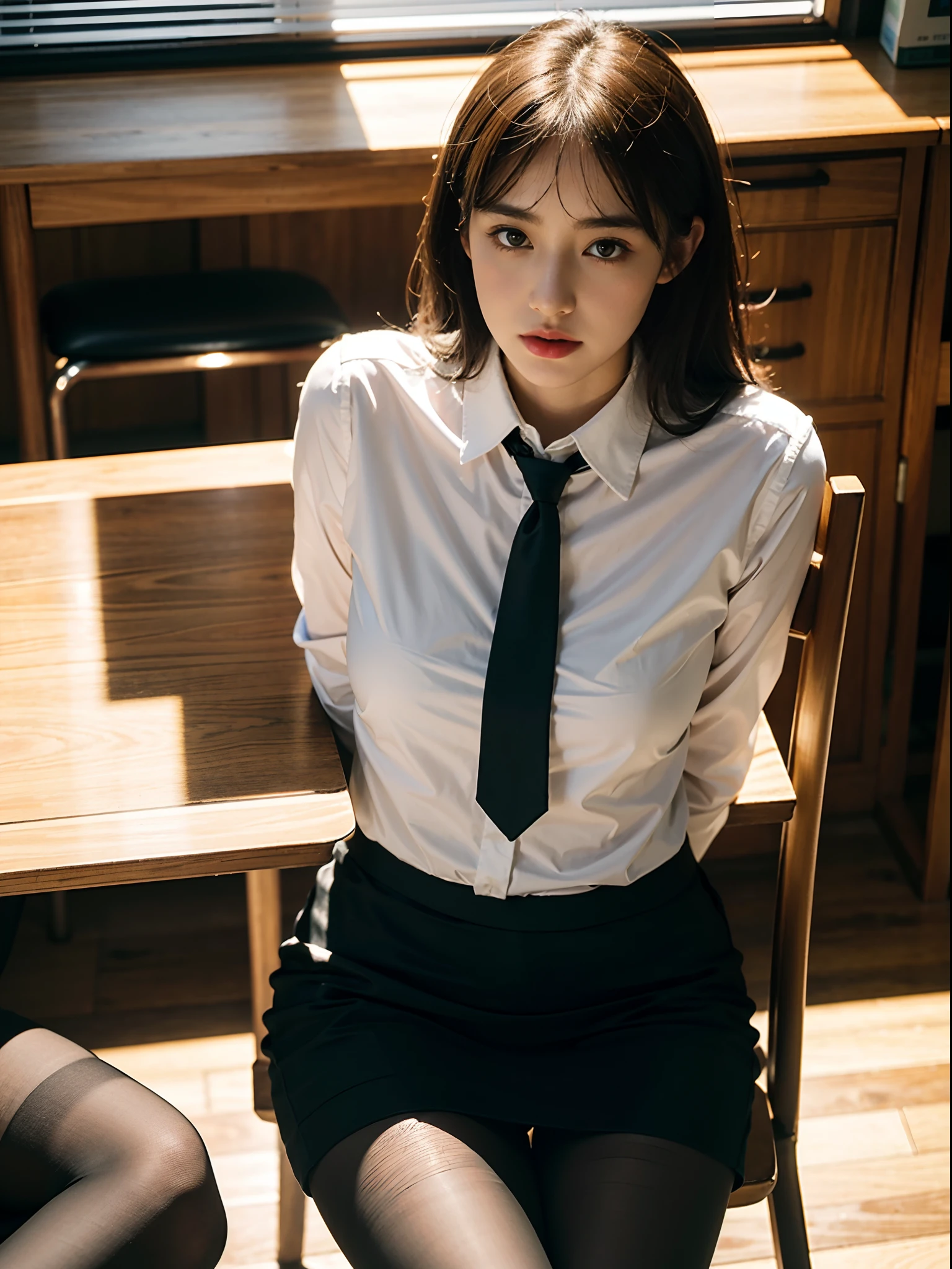 1girl,young girl, shiny skin,medium breasts,nice leg line:1.3, thin waist,school uniform, thighhighs,necktie,((pencil skirt)),looking at viewer,from below,( pantyhose:1.3),(The golden ratio figure),(Office, sit in a chair:1.3),Close range
masterpiece, best quality, best perspective, ultra-detailed and intricate, extremely delicate and beautiful, best quality light, (ray tracing:1.1), anti-aliasing,
realistic,photorealistic,award-winning illustration,(intricate details:1.2),(delicate detailed) (intricate details),(cinematic light,best quality Backlights),clear line,sharp focus,official art,unity 8k wallpaper,absurdres,incredibly absurdres,huge filesize,ultra-detailed,highres,extremely detailed extremely delicate and beautiful,RAW photo, professional lighting,dynamic lighting,light on the face,depthoffield,solofocus,