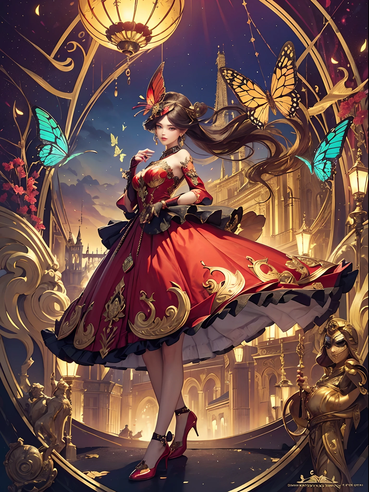 Butterfly motif、Red and gold tones、Fantastical、Mysterious、Vibrant colors、((masterpiece)))、(((top-quality)))、((ultra-detailliert))、(A hyper-realistic)、(highly detailed CGillustration)、Official art、Paris at the beginning of the 20th century、Decadent、Madame Papillon、Masquerade、refinement、Elegance、Gorgeous、Masks that cover most of the face、Colorful and detailed mask design、matchless beauty、Fans、gorgeous dress、jewely、Perfect Angle、perfect-composition。full body Esbian