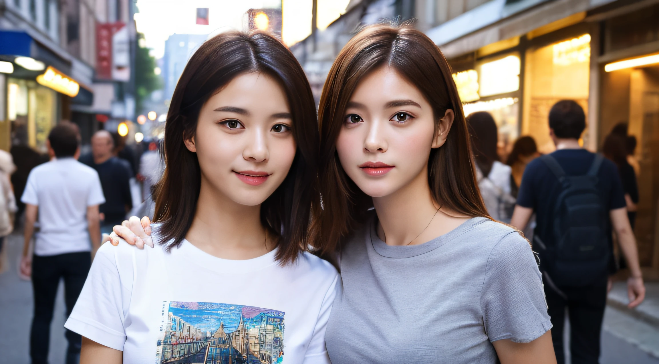 (top-quality、hight resolution、masterpiece:1.3)、Pretty women、slender figures、dark brown hair、tshirts、(Street in city at night)、Highly detailed facial and skin texture、A detailed eye、二重まぶた、Italy