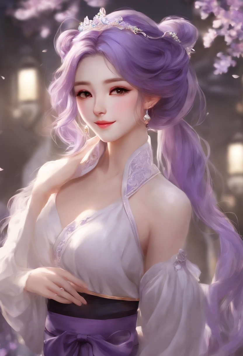 (Realistic painting style:0.9), masterpiece, best quality,  absurdres, looking at viewer, solo, keqing (lantern rite) (genshin impact), keqing (genshin impact), hair bun, skirt, scarf, purple sweater, white skirt, purple hair, sweater, twintails, purple eyes, diamond-shaped pupils, hair ornament, bare shoulders, smile, breasts, cone hair bun, long hair, belt, double bun, long sleeves, bangs, bow, hair flower, hair bow,ribbon, hair ribbon, braid, plaid scarf, plaid, off shoulder, nude