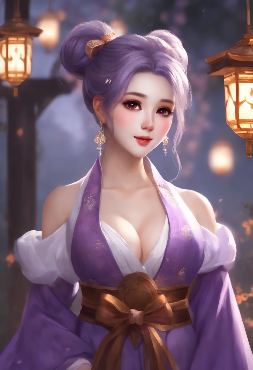 (Realistic painting style:0.9), masterpiece, best quality, absurdres, looking at viewer, solo, keqing (lantern rite) (genshin impact), keqing (genshin impact), hair bun, skirt, scarf, purple sweater, white skirt, purple hair, sweater, twintails, purple eyes, diamond-shaped pupils, hair ornament, bare shoulders, smile, breasts, cone hair bun, long hair, belt, double bun, long sleeves, bangs, bow, hair flower, hair bow,ribbon, hair ribbon, braid, plaid scarf, plaid, off shoulder, nude