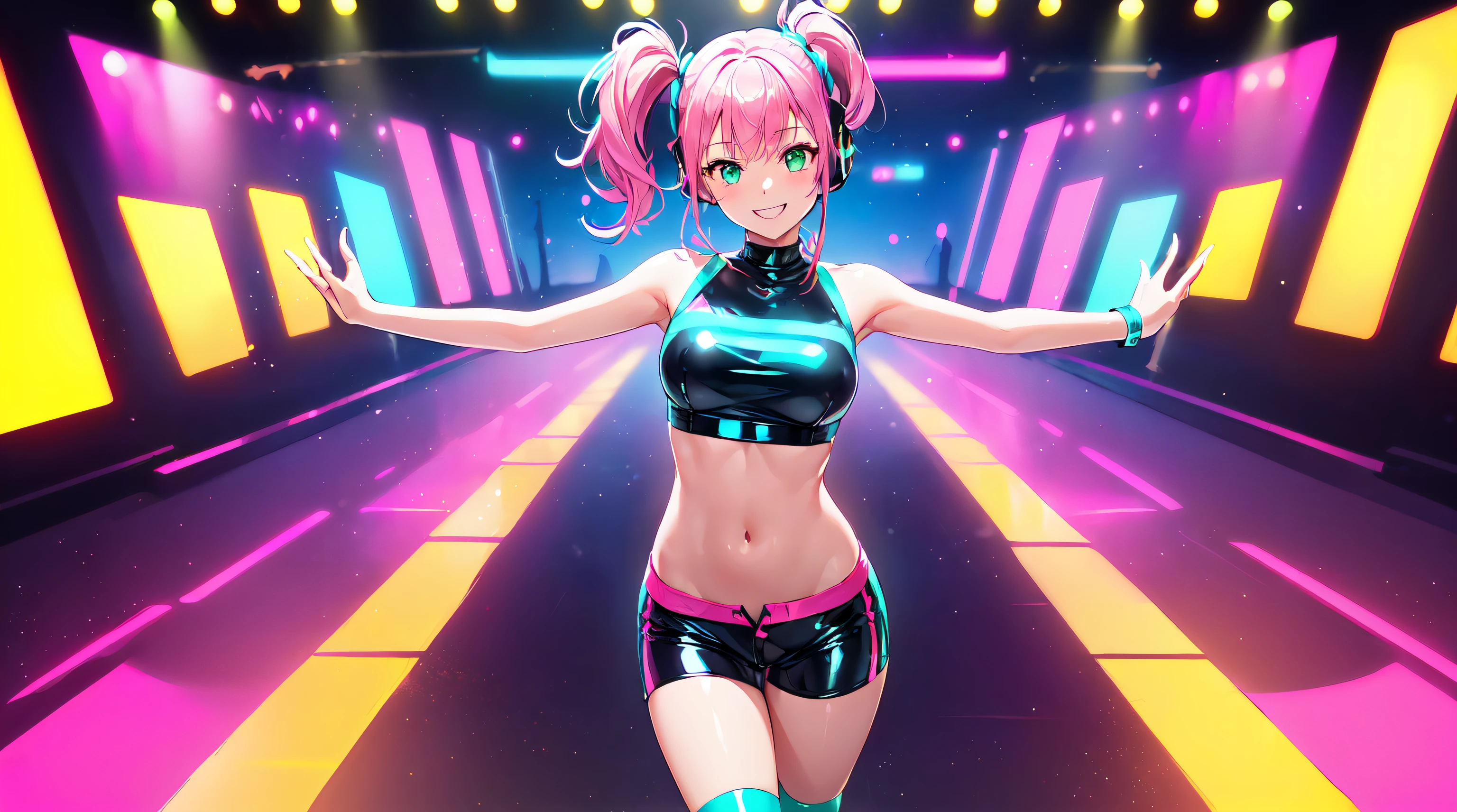 masterpiece, 1girl ((20year old, dressed in a tight shiny latex crop top exposes navel, shiny tight shorts, knee high socks and sneakers, medium breasts, multicolor pink hair, twin ponytails, perfect model body, green eyes:1.5, flirting, happy, big smile, wearing headphones, standing in a dance club, with a crowd in the background, energetic and neon atmosphere:1.2)) ((solo:1.6))