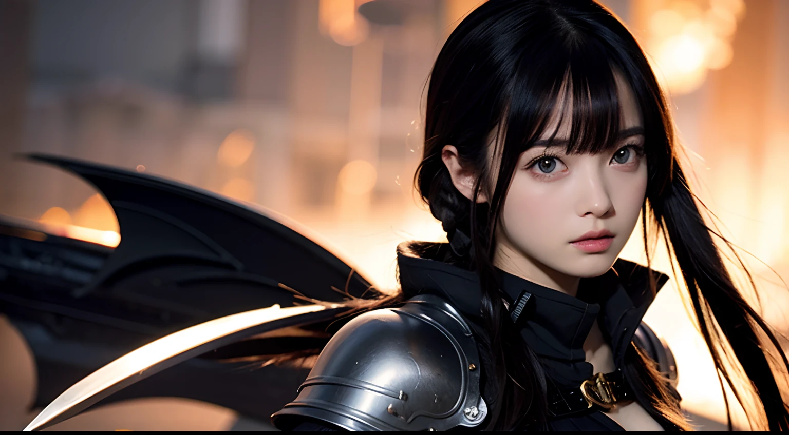 anime girl, black hair using sexy dragon armor, holding a greatsword, ultra detailed