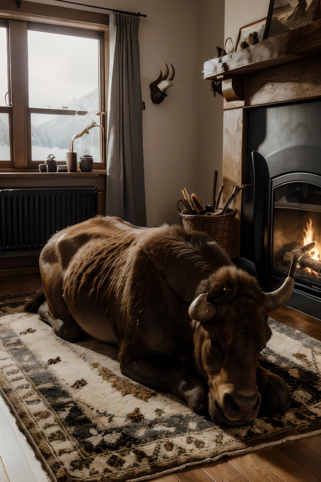 3 huge mature authentic detailed Buffalos animal lying resting inside vintage living room, on a carpet beside a lighted open fireplace, harsh stormy arctic winterweather outside with icicles hanging down from the roof in front of the window, 8k photorealistic