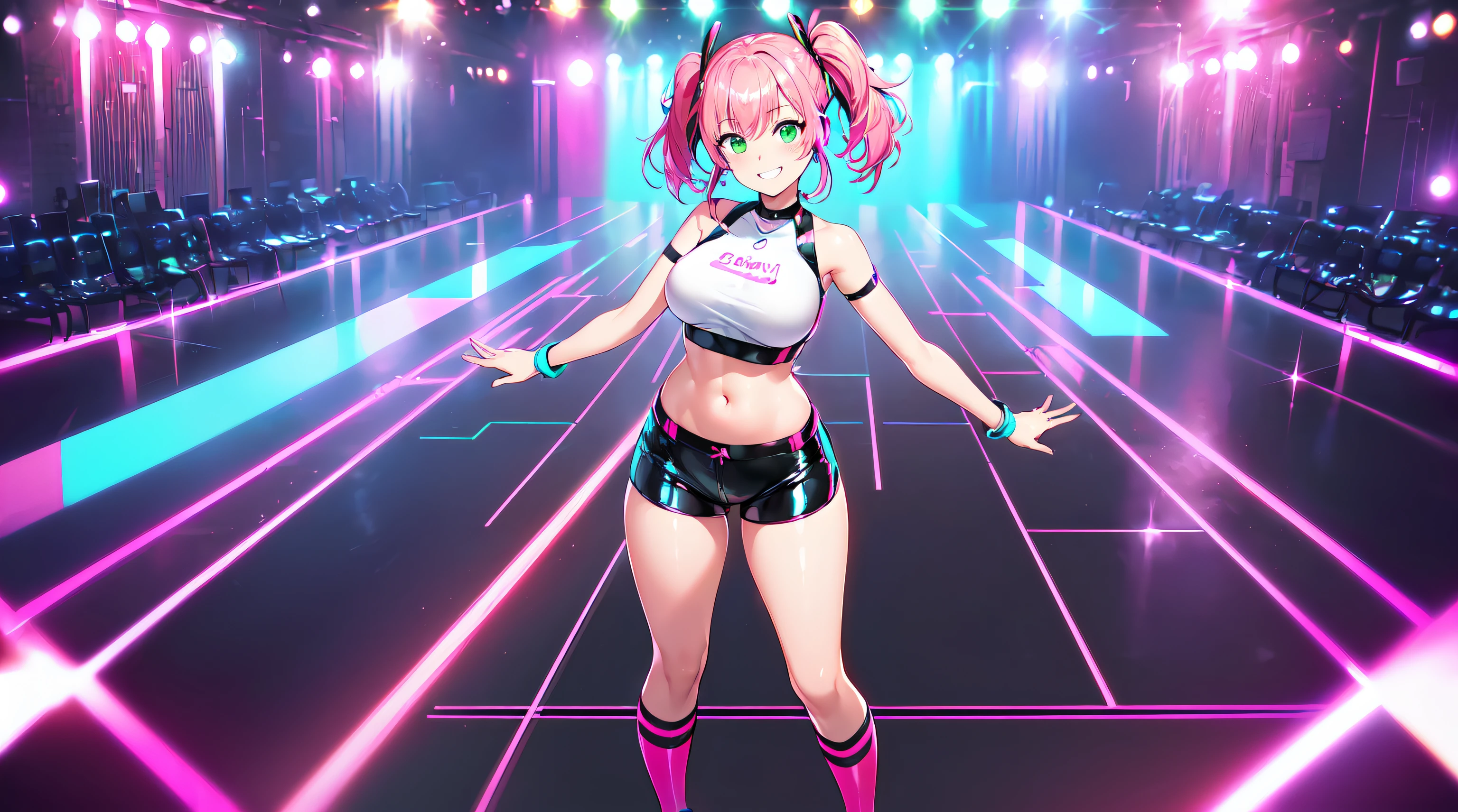 ​masterpiece, 1girl ((20year old, dressed in a tight shiny latex crop top exposes navel, shiny tight shorts, knee high socks and sneakers, medium breasts, multicolor pink hair, twin ponytails, perfect model body, green eyes:1.5, flirting, happy, big smile, wearing headphones, standing in a dance club, with a crowd in the background, energetic and neon atmosphere:1.2)) ((solo:1.6))