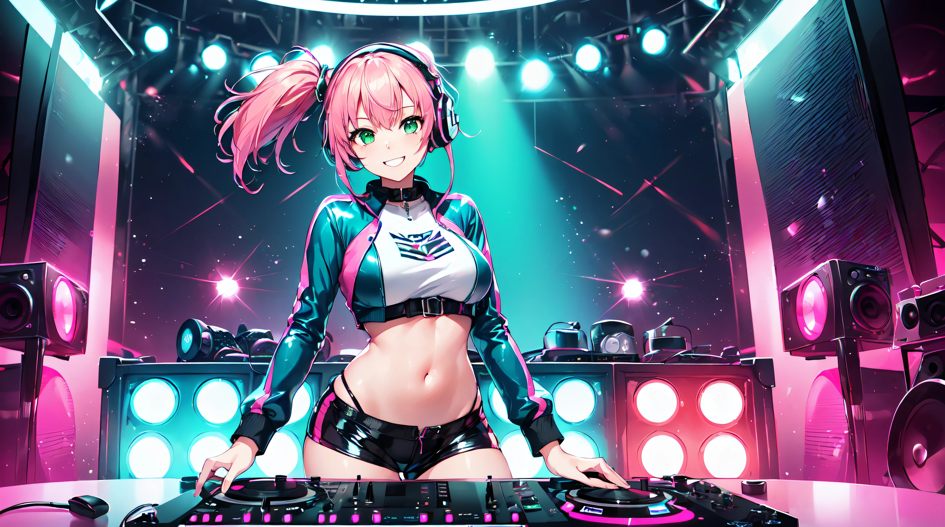 masterpiece, 1girl ((20year old, dressed in a shiny latex crop top exposes navel, shiny tight shorts, knee high socks and sneakers, medium breasts, multicolor pink hair, twin ponytails, perfect model body, green eyes:1.5, flirting, happy, big smile, wearing headphones, standing next to a DJ Turntable booth, with a concert crowd in the background, energetic and neon atmosphere:1.2)) ((solo:1.6))