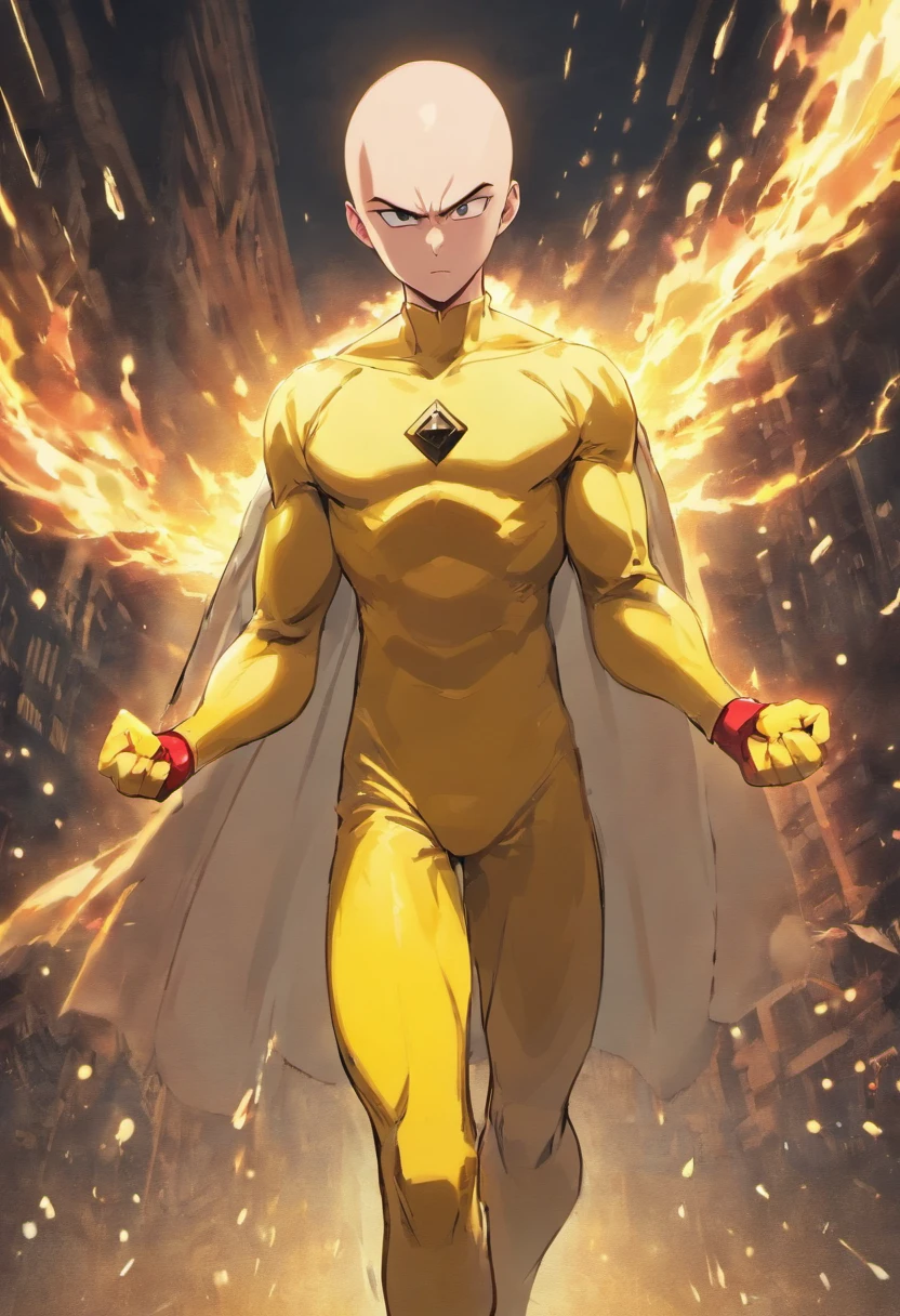 Saitama from One Punch Man anime vs. Superman. Saitama is bald and has a yellow suit with red gloves and boots. Superman is wearing his red and blue suit