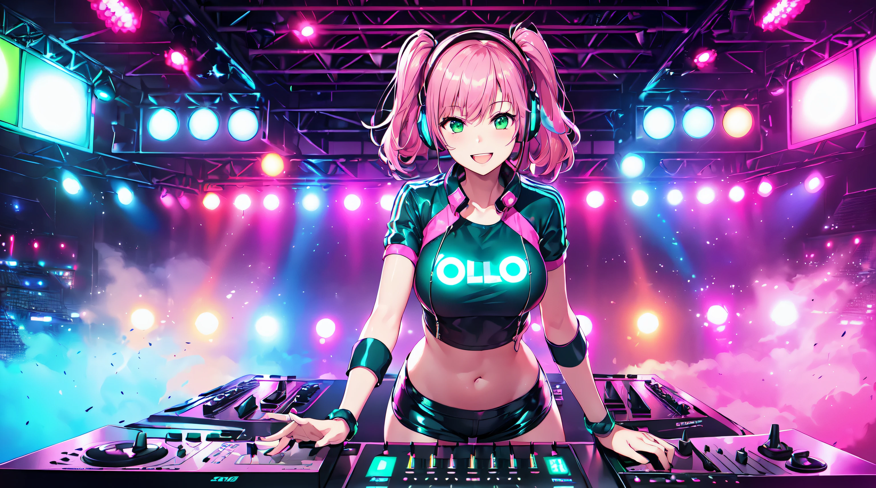 masterpiece, 1girl ((20year old, dressed in a shiny latex crop top exposes navel, shiny tight shorts, knee high socks and sneakers, medium breasts, multicolor pink hair, twin ponytails, perfect model body, green eyes:1.5, flirting, happy, big smile, wearing headphones, standing next to a DJ Turntable booth, with a concert crowd in the background, energetic and neon atmosphere:1.2)) ((solo:1.6))