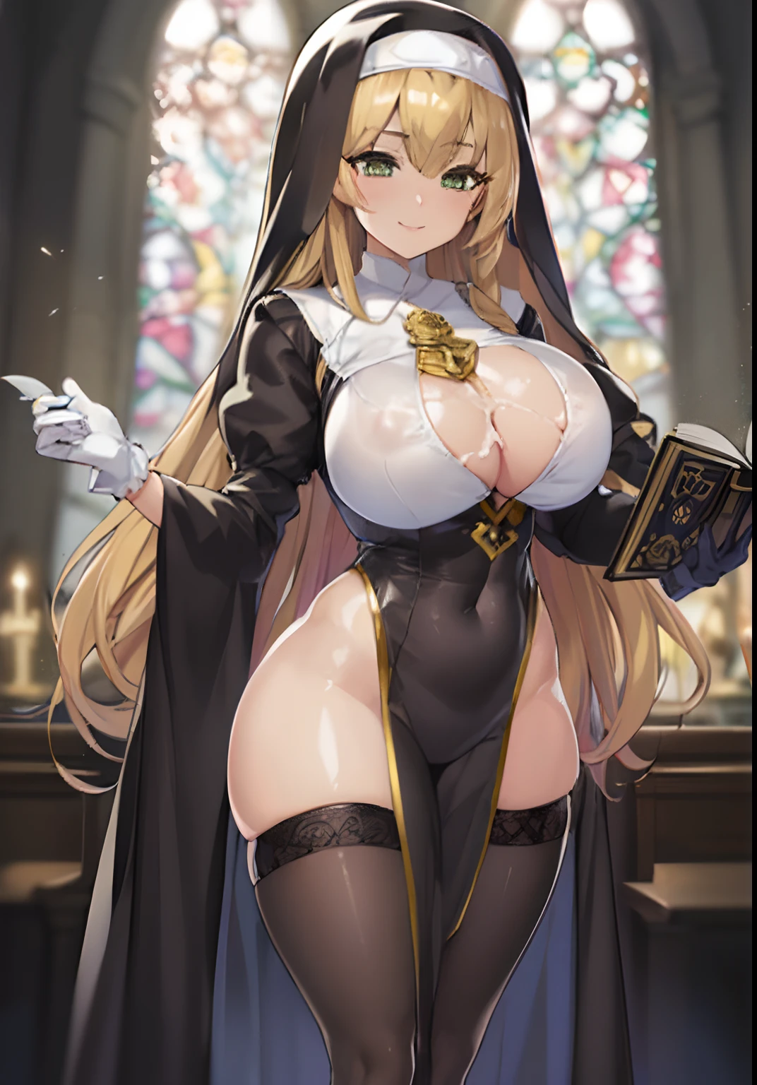 1girl, solo, indoors, in a church, stained glass in backgrounf, beautiful anime nun with a book in her hand, thicc, commission for high res, marin kitagawa fanart, cleric, dressed like a cleric, oppai, commission for, anime goddess, inspired by Li Chevalier, pixiv 3dcg, divine render, oc commission, fullbody commission for, wide hips, large breasts, thick thighs , covered , nun, long hair, blonde hair, cleavage, white gloves, pelvic curtain, covered navel, smiling, breasts, shiny skin, black thigh-highs, looking at viewer, naughty, horny, cum